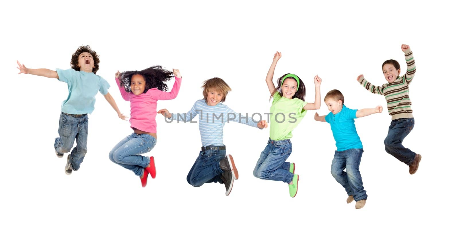 Six funny children jumping isolated on a white background