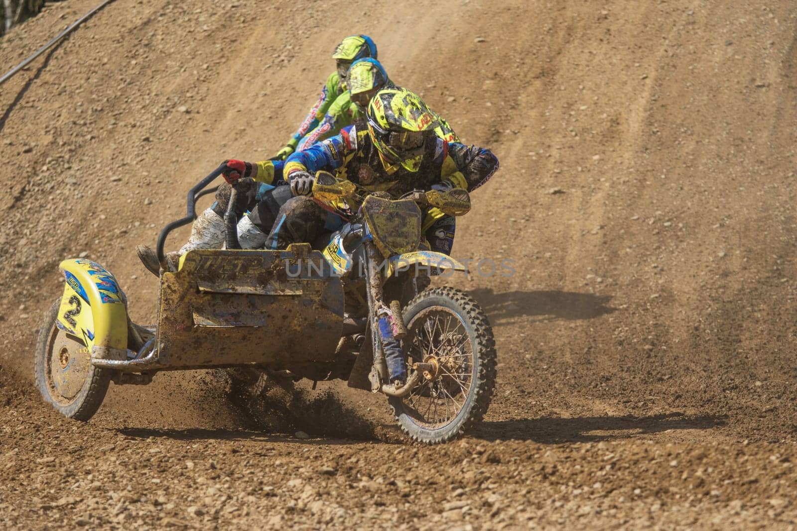 MOHELNICE, CZECH REPUBLIC - APRIL 25. Two crew of sidecars are aligned in a row  in the "International Championship of Czech Republic in sidecarcross 2015"" on April 25. 2015 in Mohelnice."