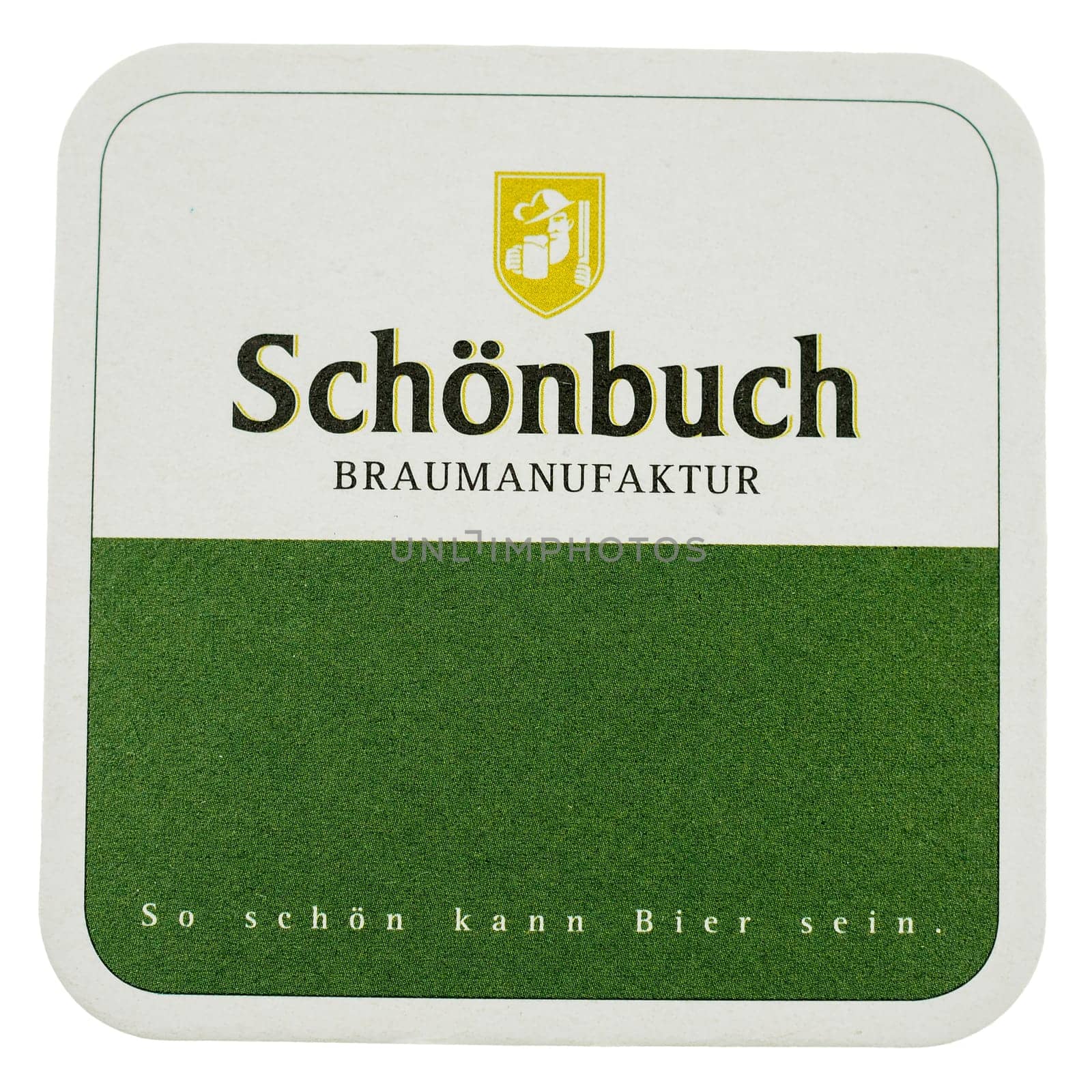 BERLIN, GERMANY - MARCH 15, 2015: Beermat of German beer Schoenbuch isolated over white background