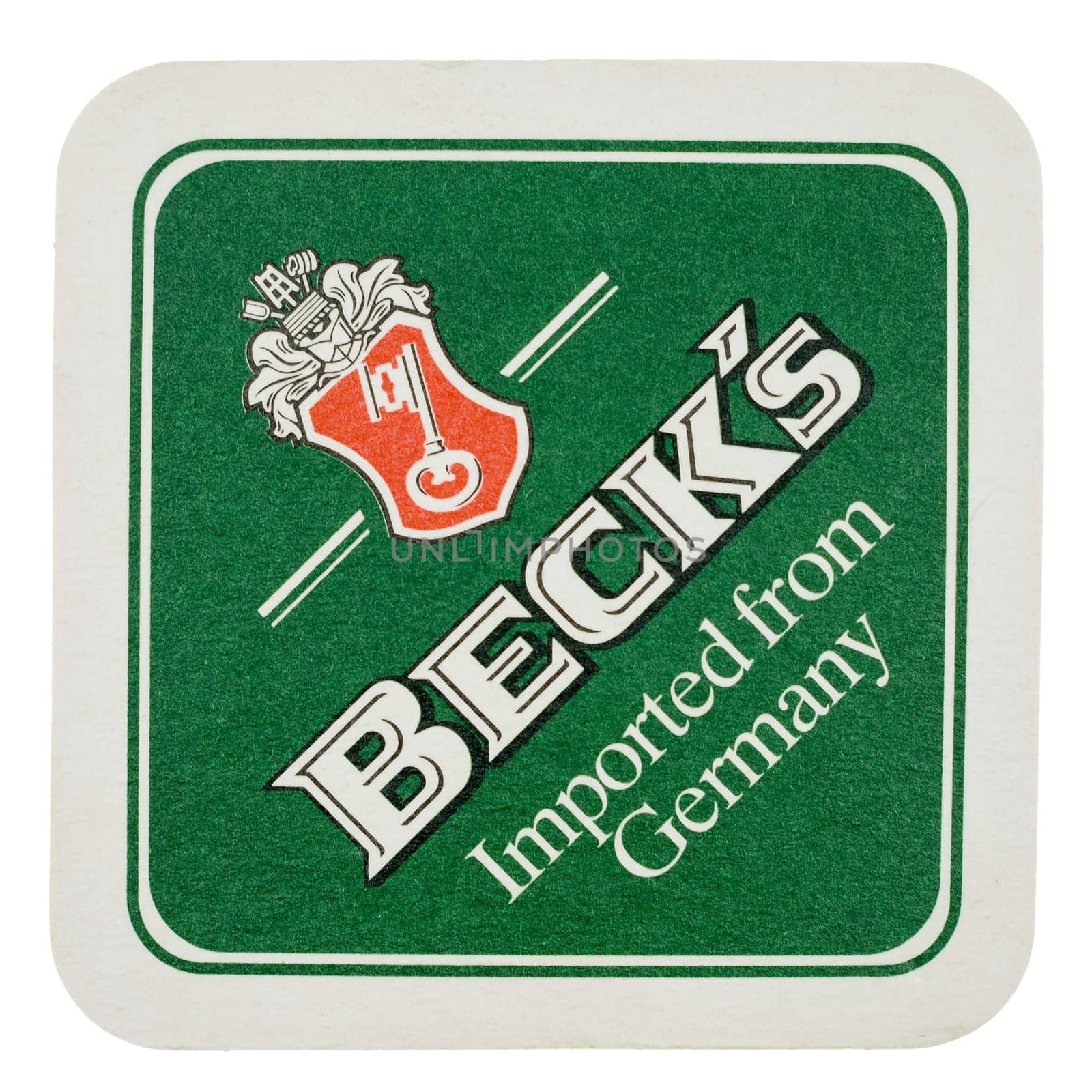 BERLIN, GERMANY - MARCH 15, 2015: Beermat of German beer Becks isolated over white background