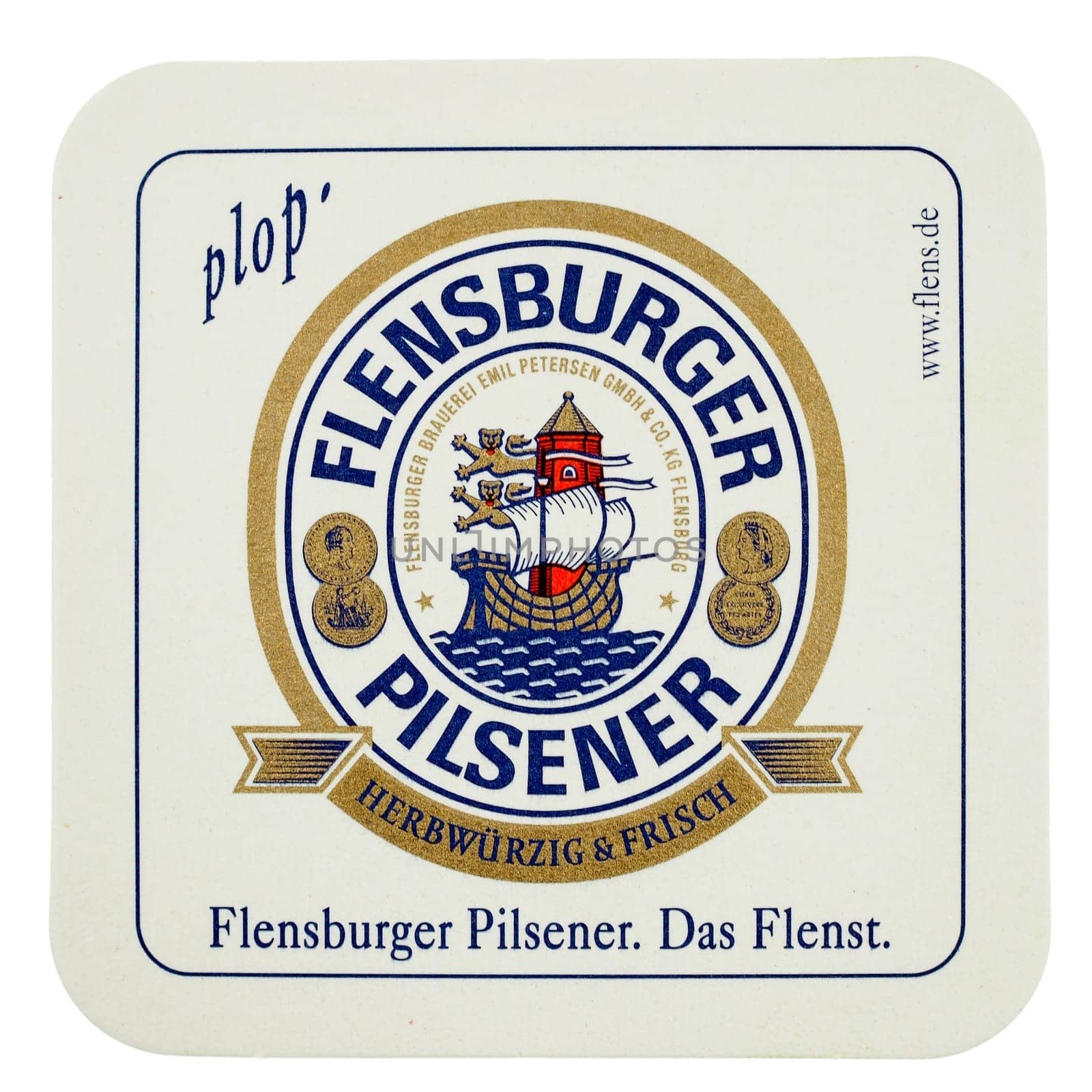 BERLIN, GERMANY - MARCH 15, 2015: Beermat of German beer Flensburger isolated over white background