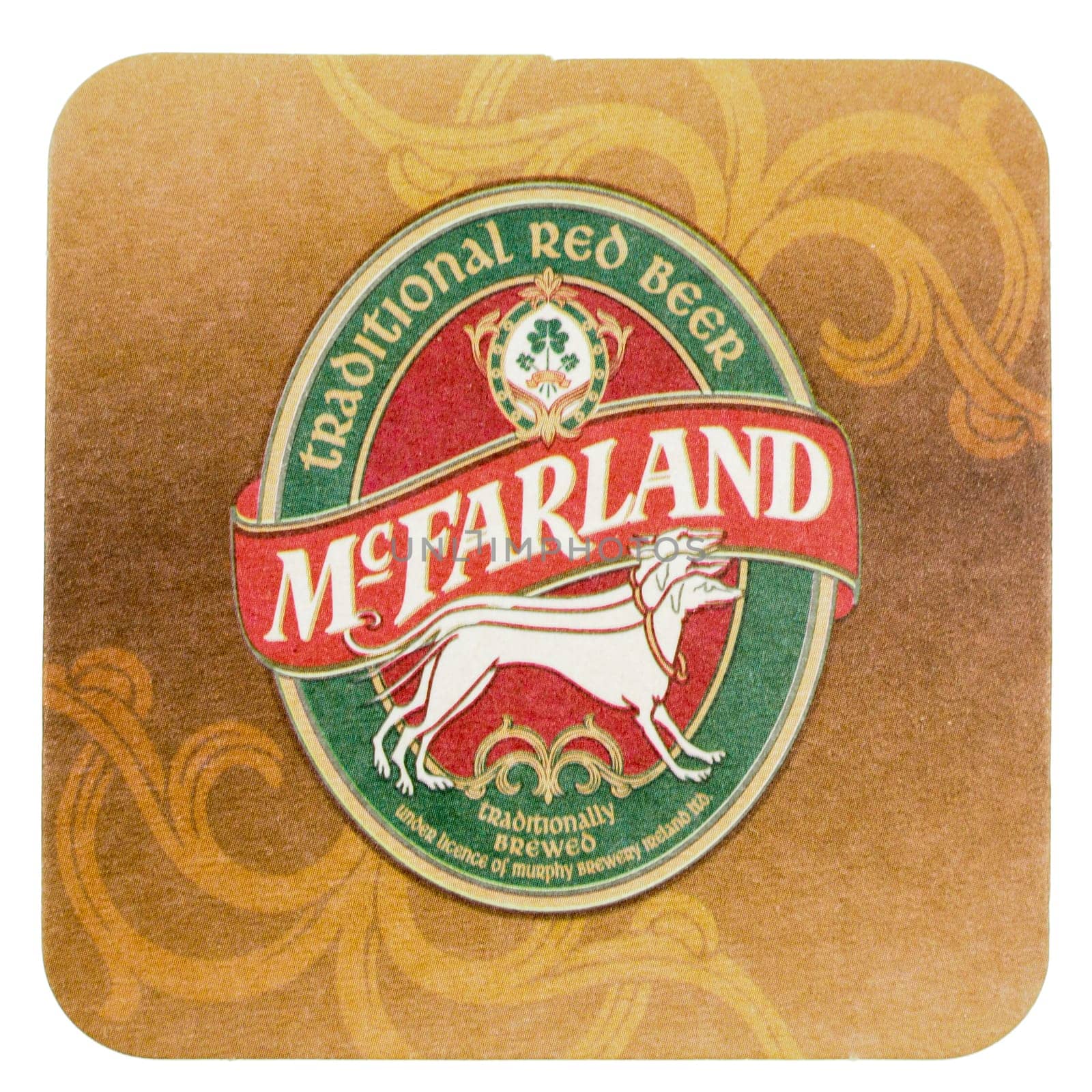 DUBLIN, IRELAND - MARCH 15, 2015: Beermat of Irish beer McFarland isolated over white background