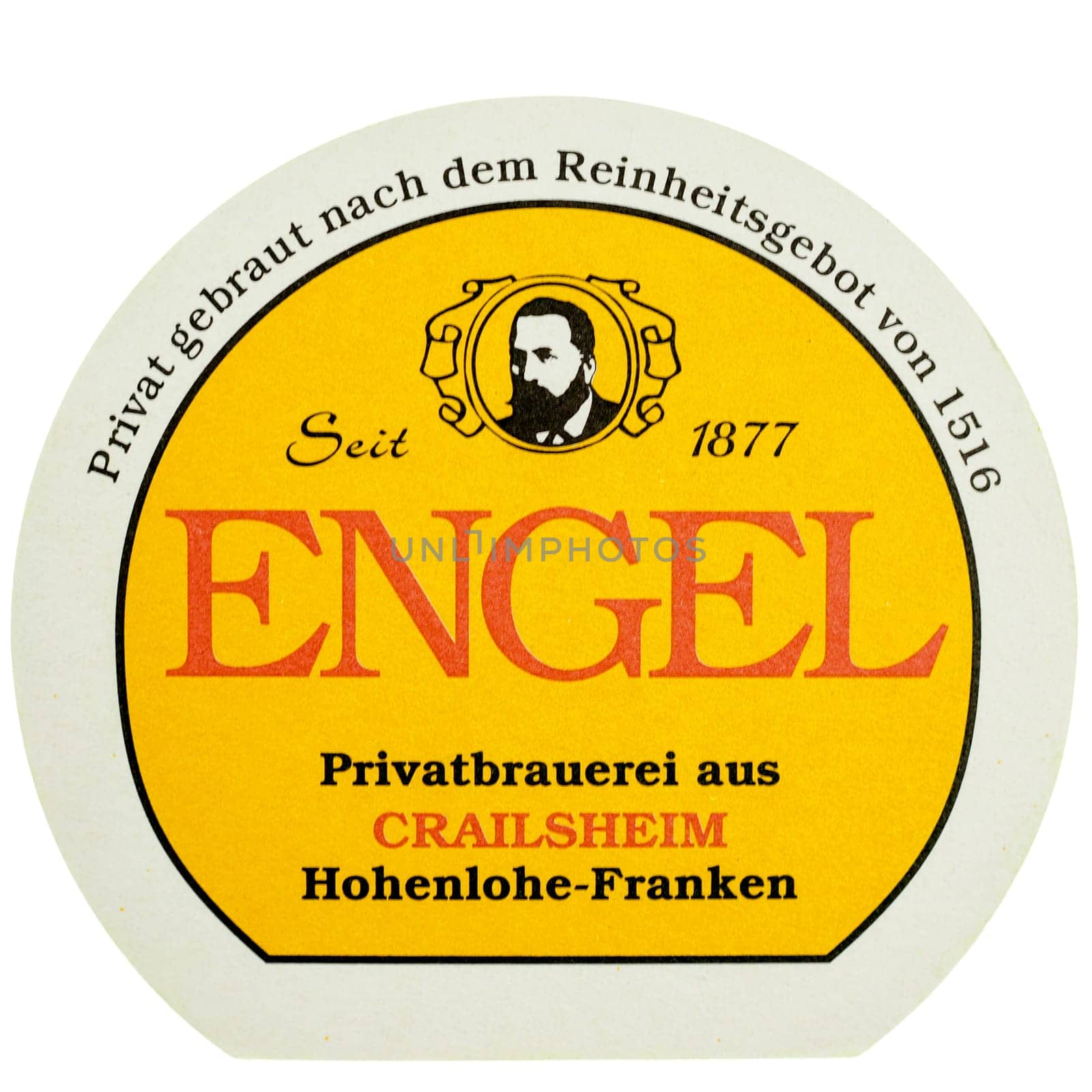 BERLIN, GERMANY - MARCH 15, 2015: Beermat of German beer Engel isolated over white background