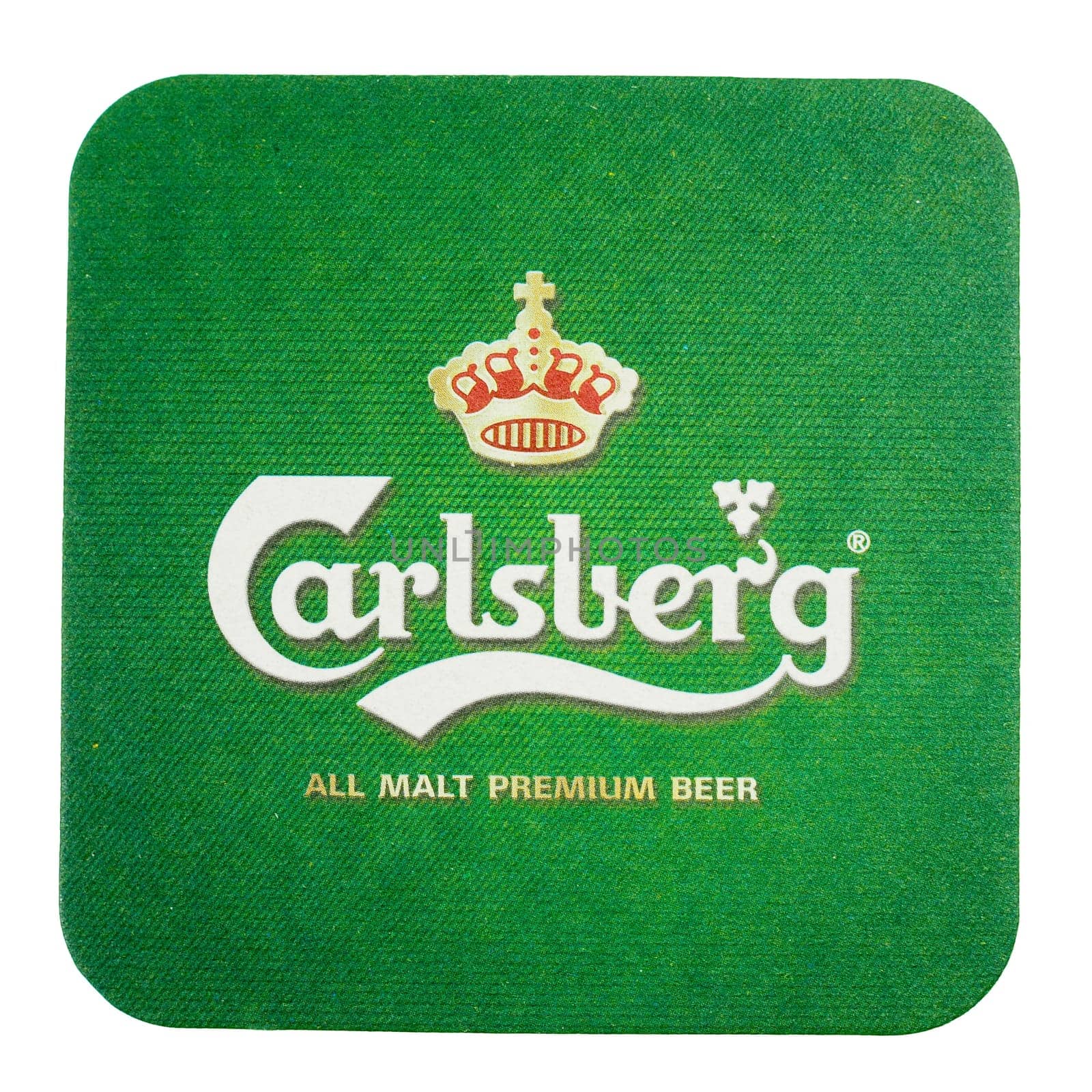 AMSTERDAM, DENMARK - MARCH 15, 2015: Beermat of Danish beer Carlsberg isolated over white background
