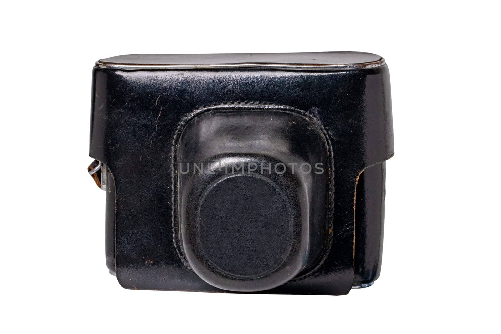 Closeup of a vintage film camera in a black leather case or cover isolated on a white background. Clipping path. Leather bag to protect the antique camera. Macro.