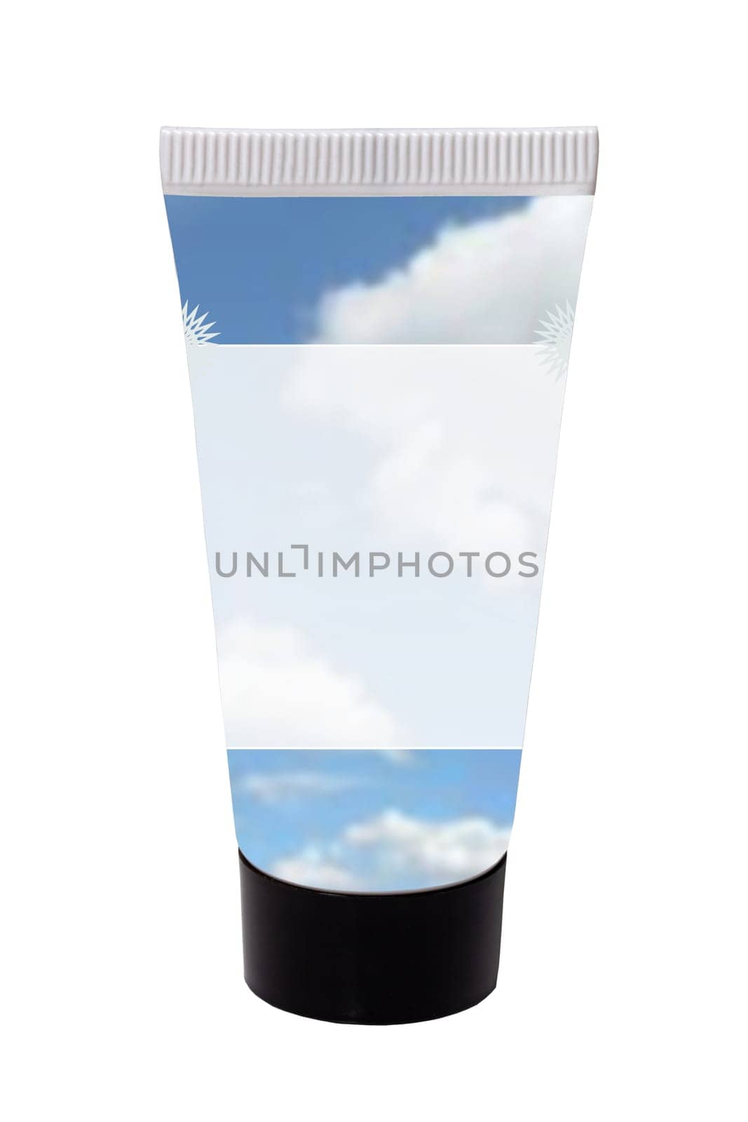 Beauty products container. Closeup of a bright cosmetic tube with a abstract designed transparent white label and cloudy blue sky for your own product and text. Isolated on white.