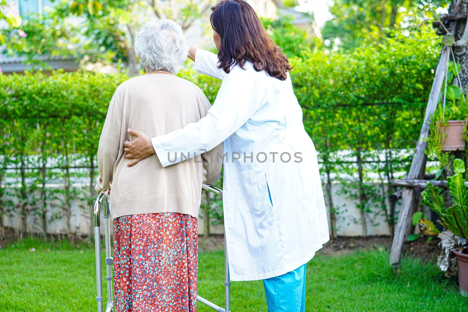 Doctor help Asian elderly woman disability patient walk with walker in park, medical concept.