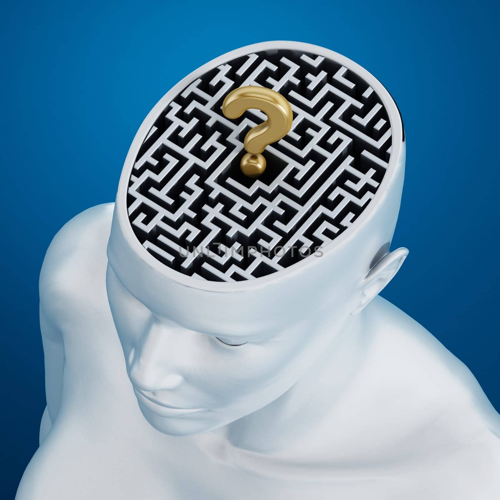 Labyrinth and a golden question mark inside human head against blue background