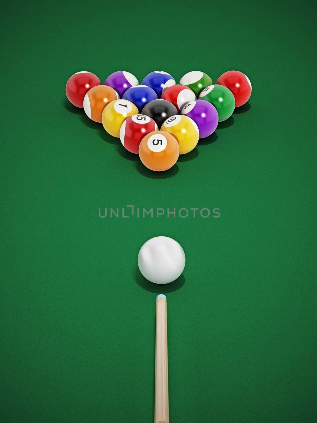 8 ball pool table with balls and cue.