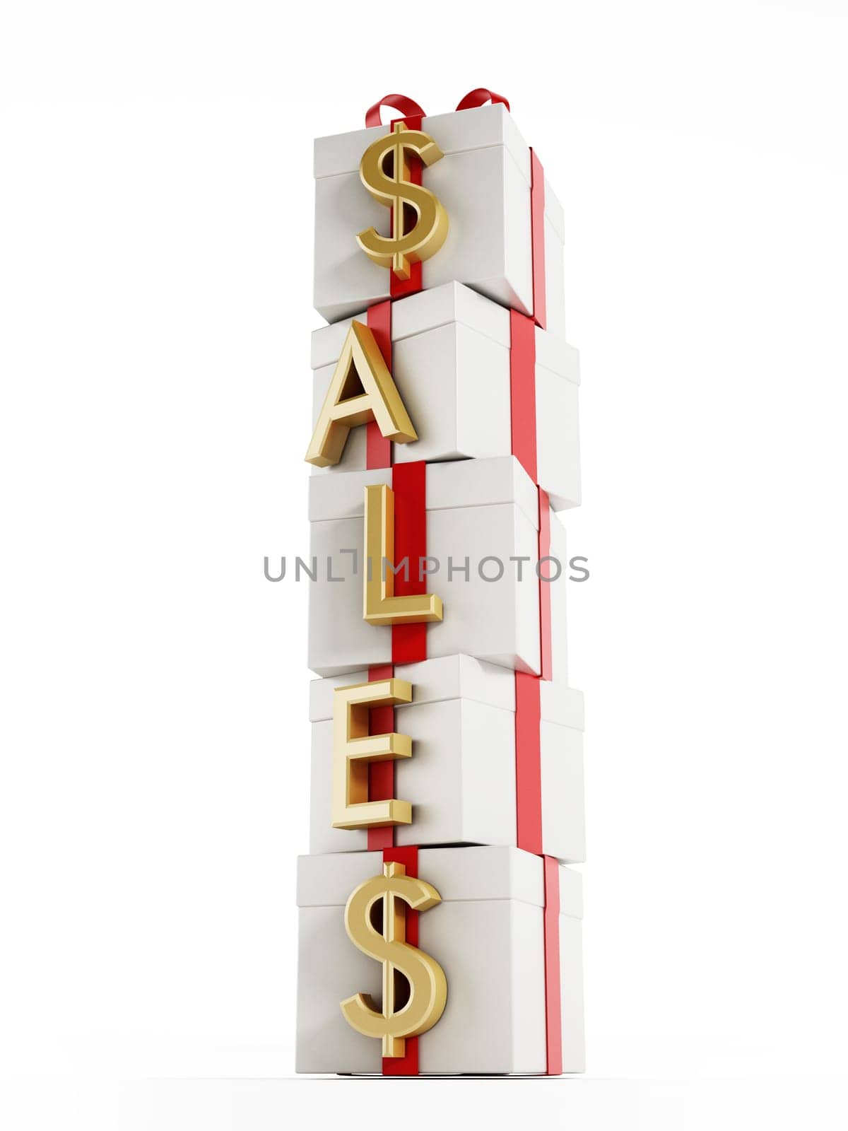 Stacked gift boxes with sales text isolated on white background