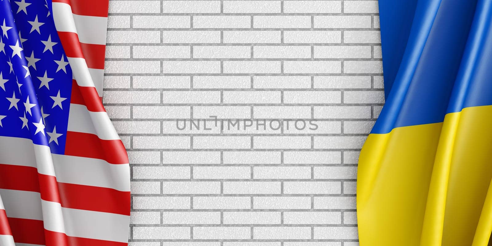 Brick wall mockup and flags of Ukraine and USA. 3D rendering.