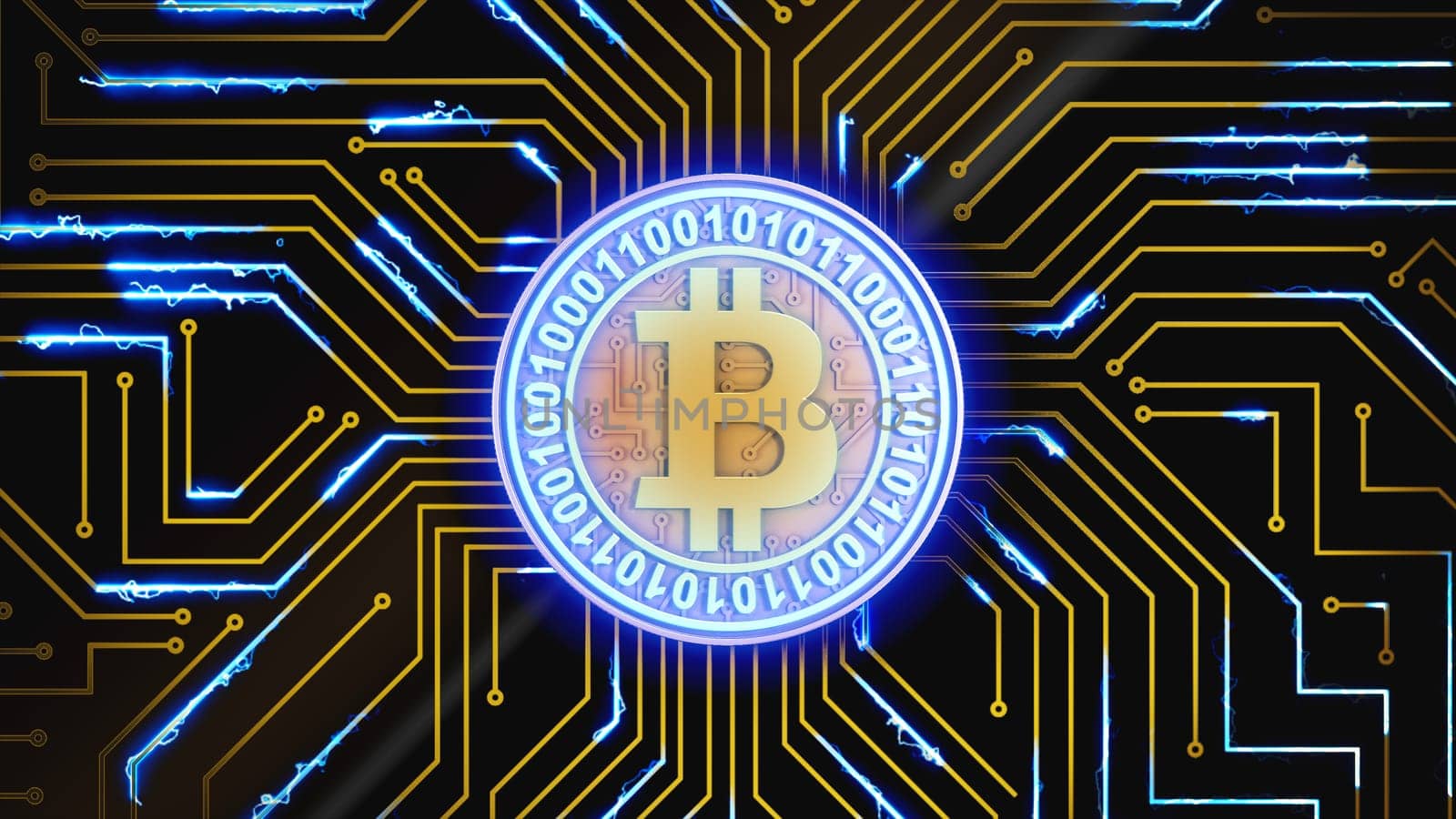 A gold bitcoin coin pulsates with blue light on a circuit board. 3d render.