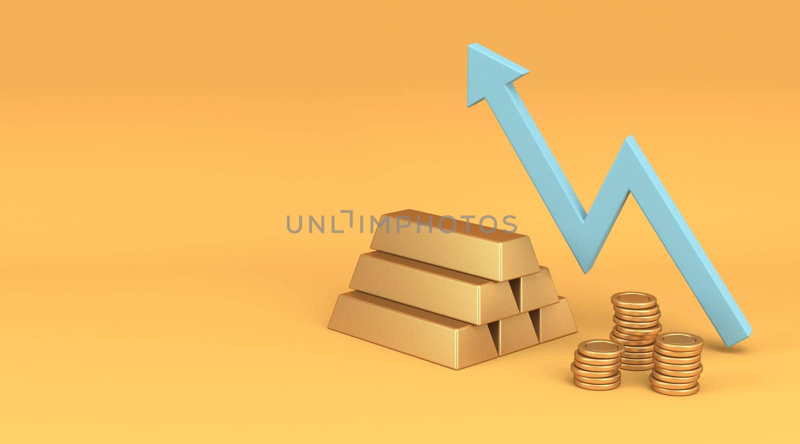 Blue uptrend chart with gold bars and money 3D rendering illustration isolated on yellow background