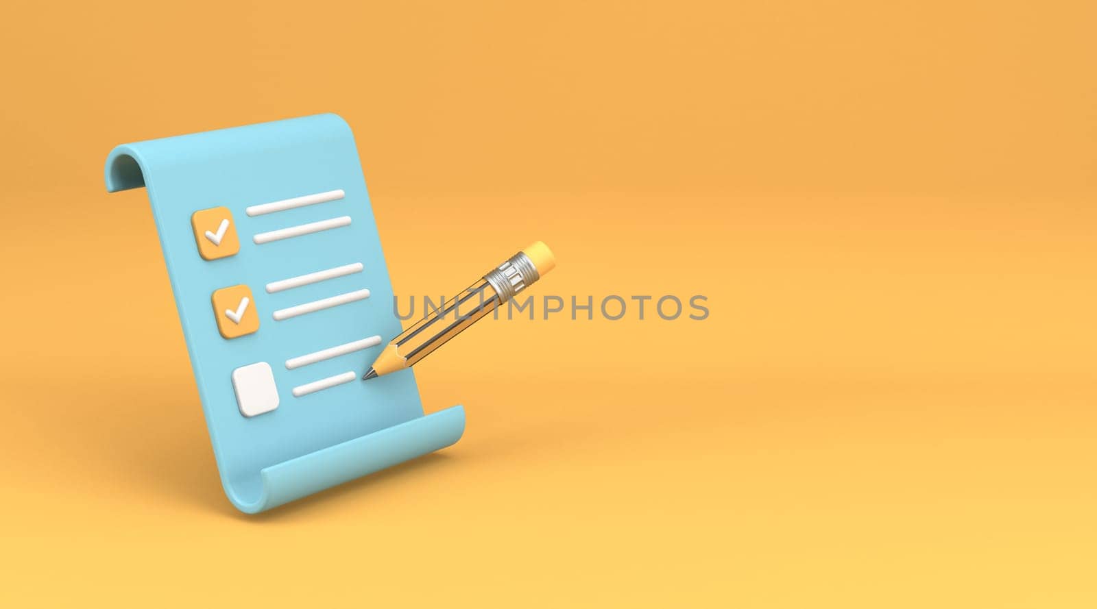 Notepad icon clipboard and pencil 3D rendering illustration isolated on yellow background