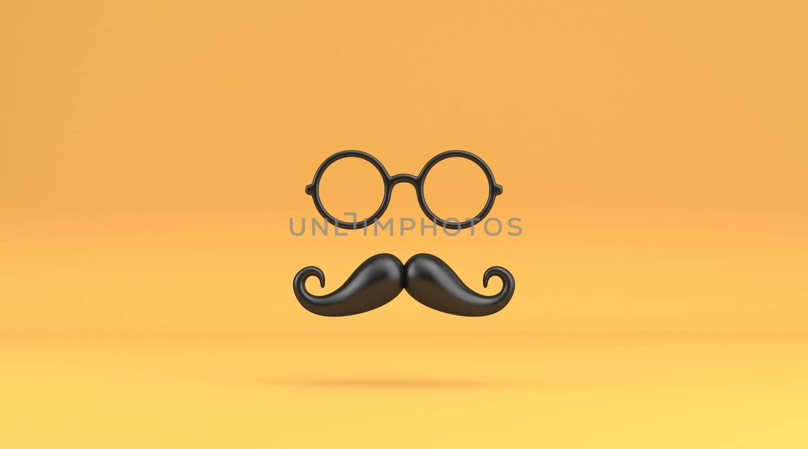 Mustache and eyeglasses mask 3D rendering illustration isolated on yellow background