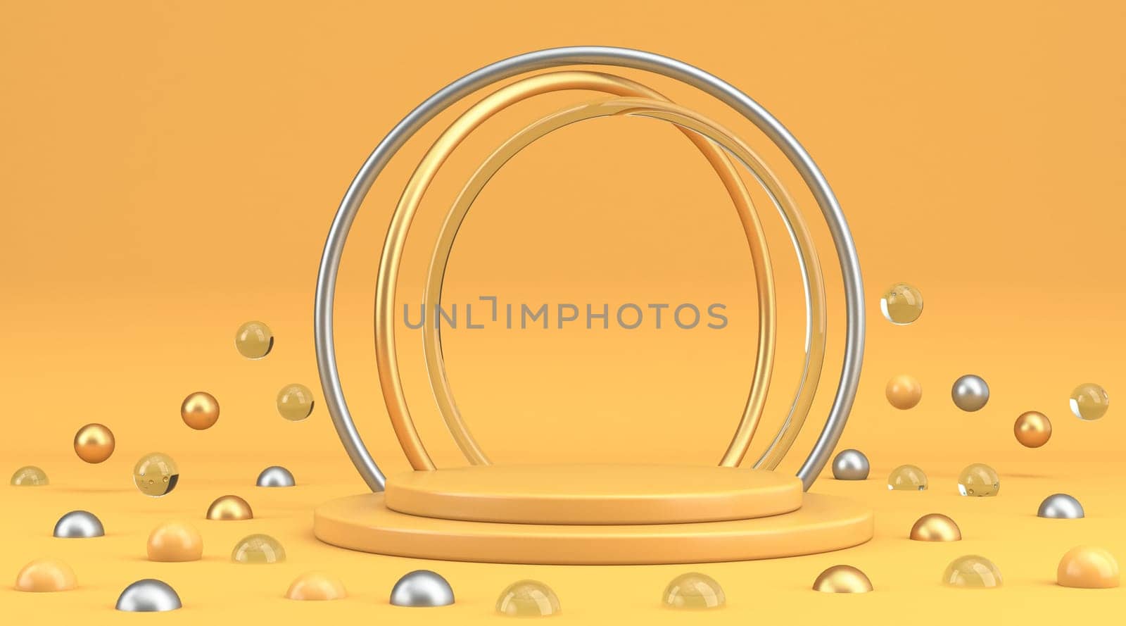 Composition with rings and balls for product demonstration 3D rendering illustration isolated on yellow background