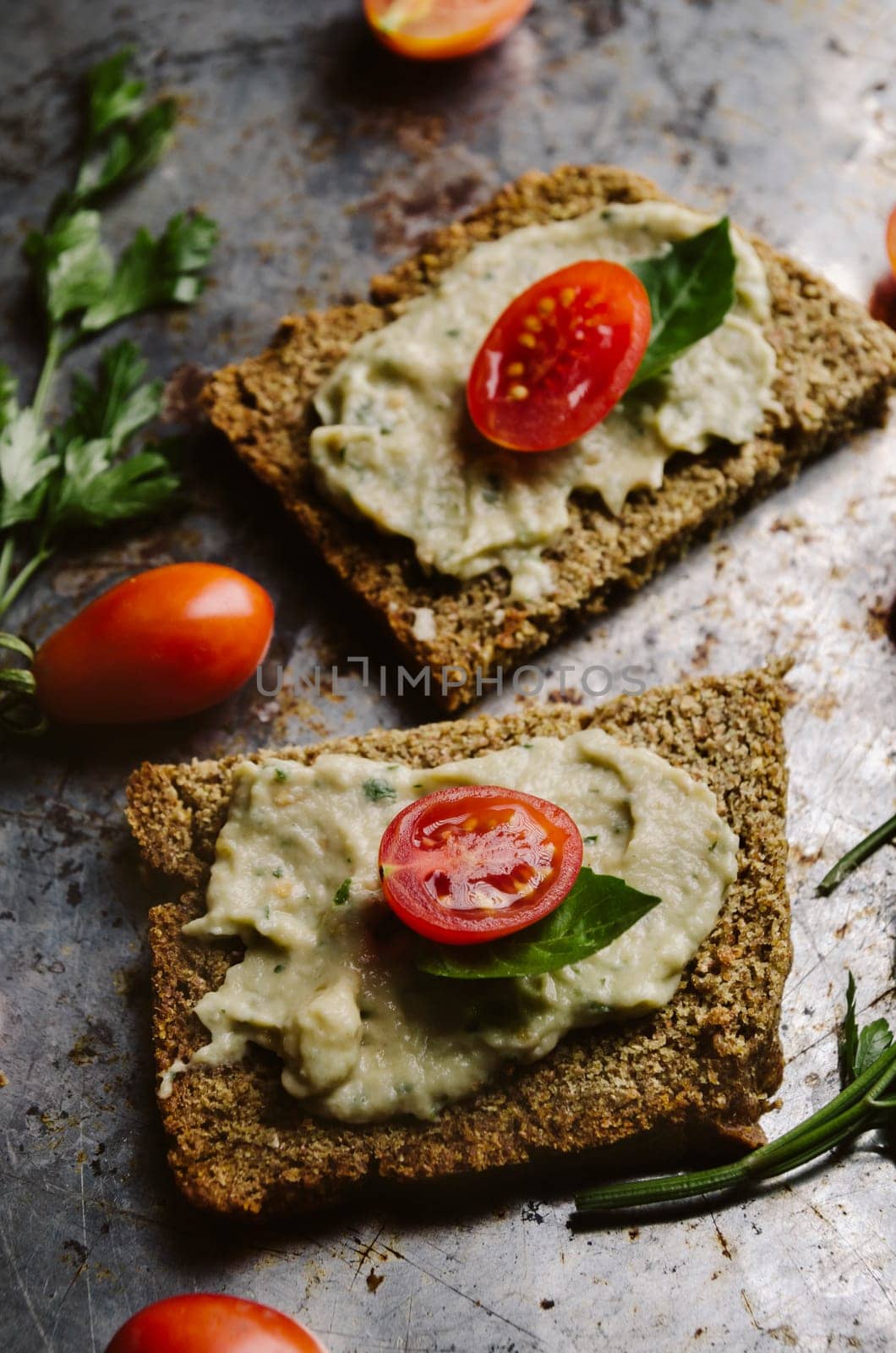 Mediterranean cuisine with eggplant, tomato and basil