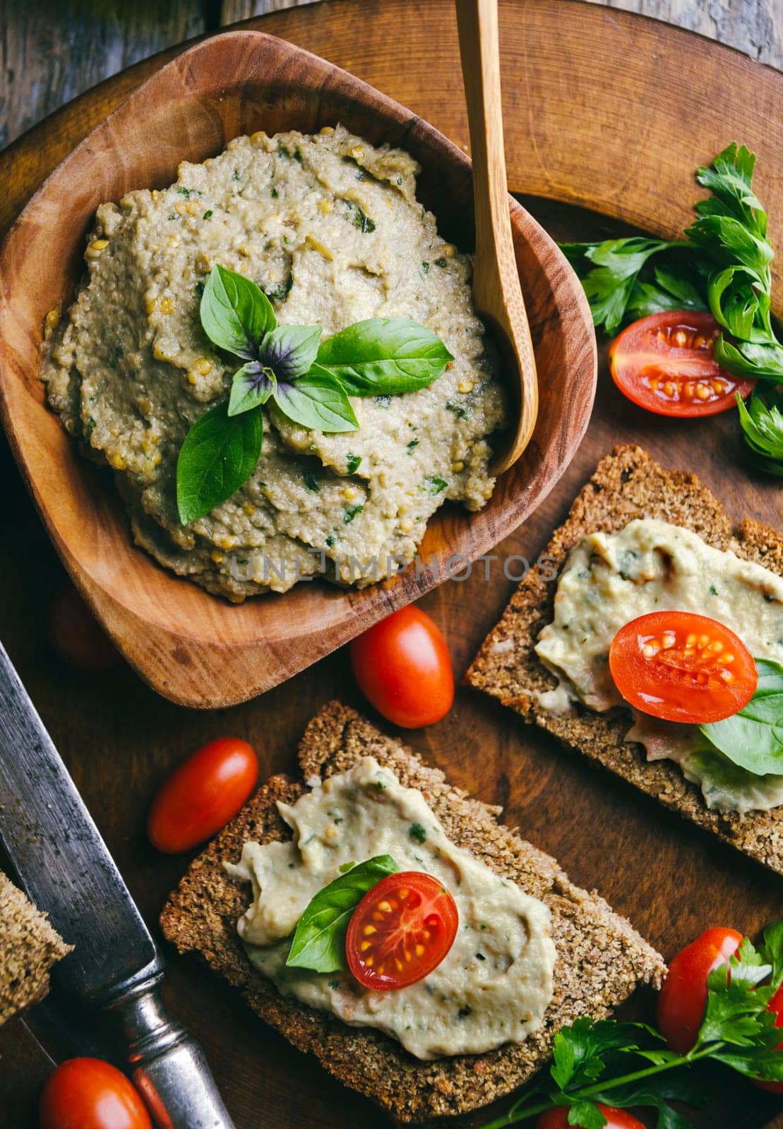 Mediterranean cuisine with eggplant, tomato and basil
