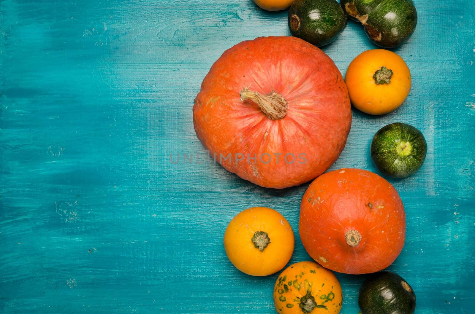 Colorful pumpkins on blue wooden background
