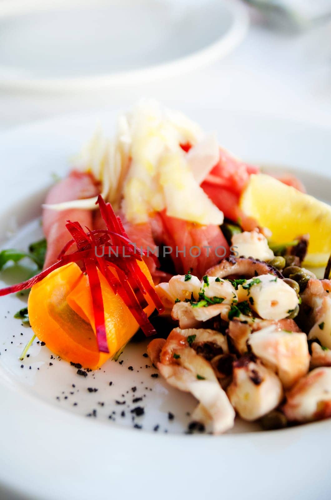Mixed octopus salad in white plate.