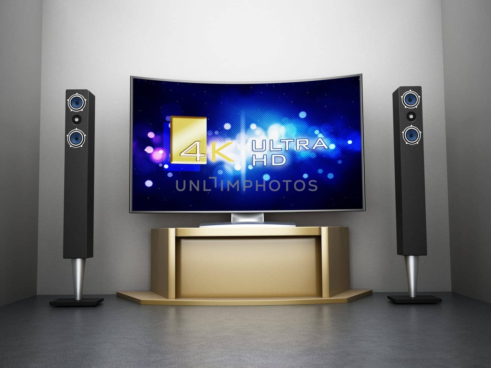 Ultra HD Curved TV with home theater system in the room