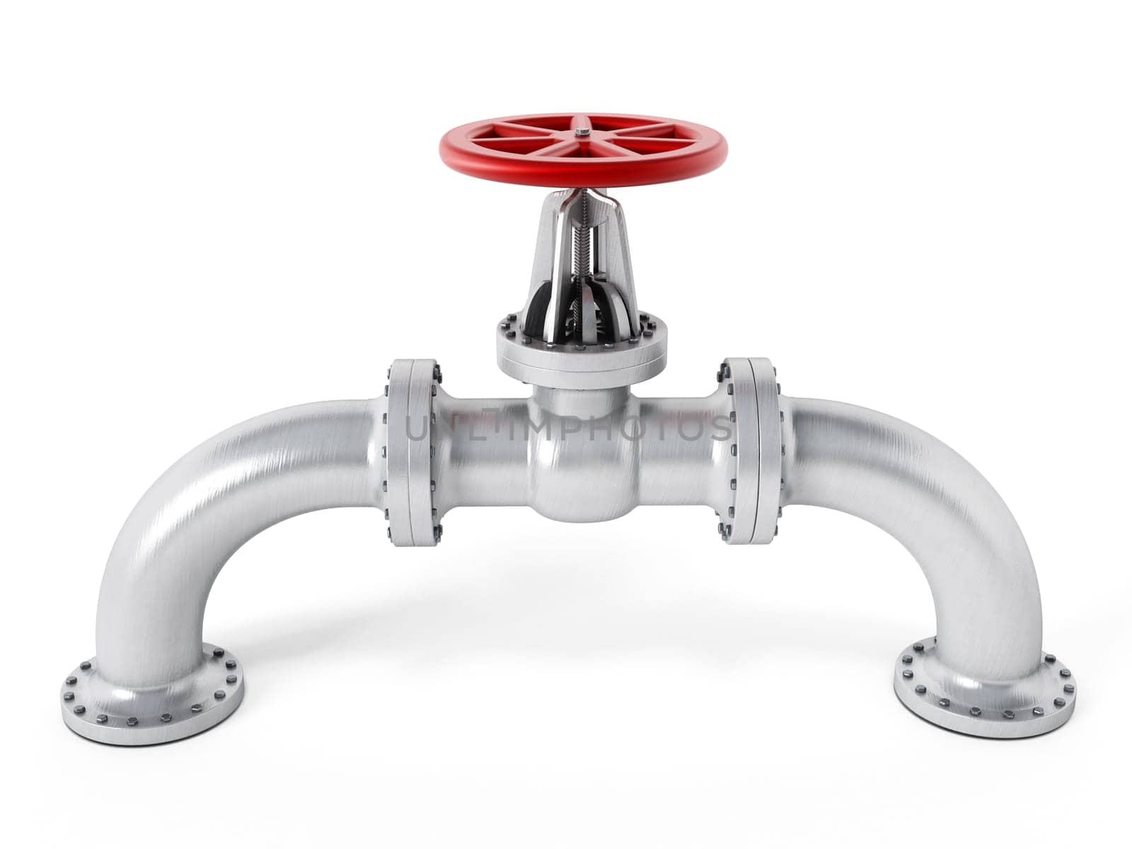 Red valve on metal pipe isolated on white background
