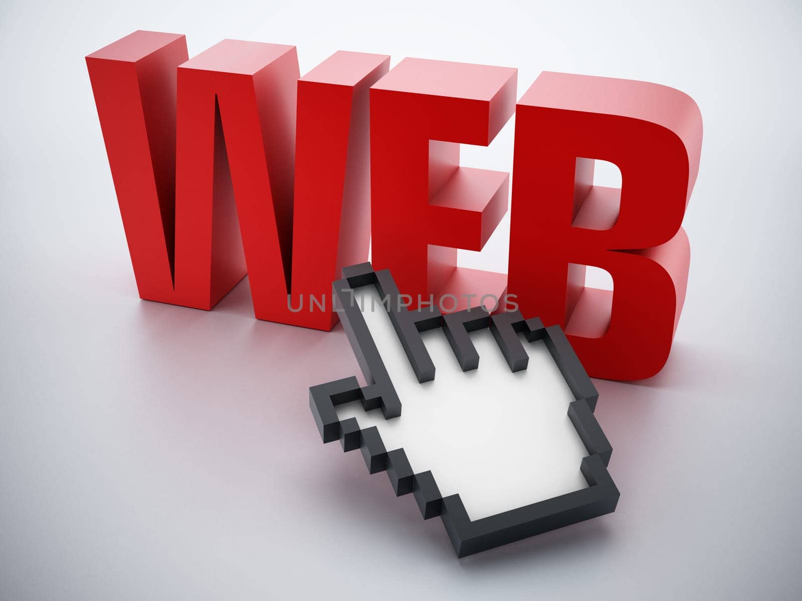 Hand cursor on red web word.
