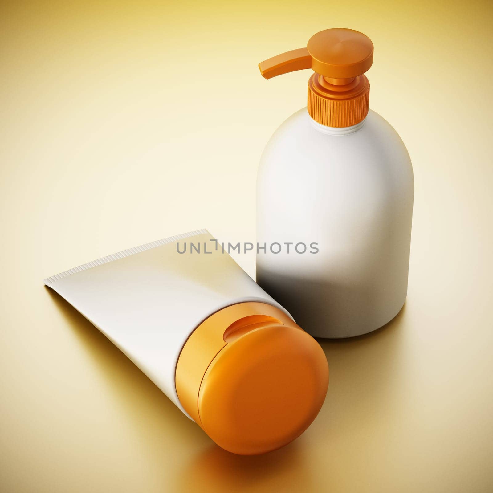 Sun creams in various shaped containers isolated on yellow reflective background