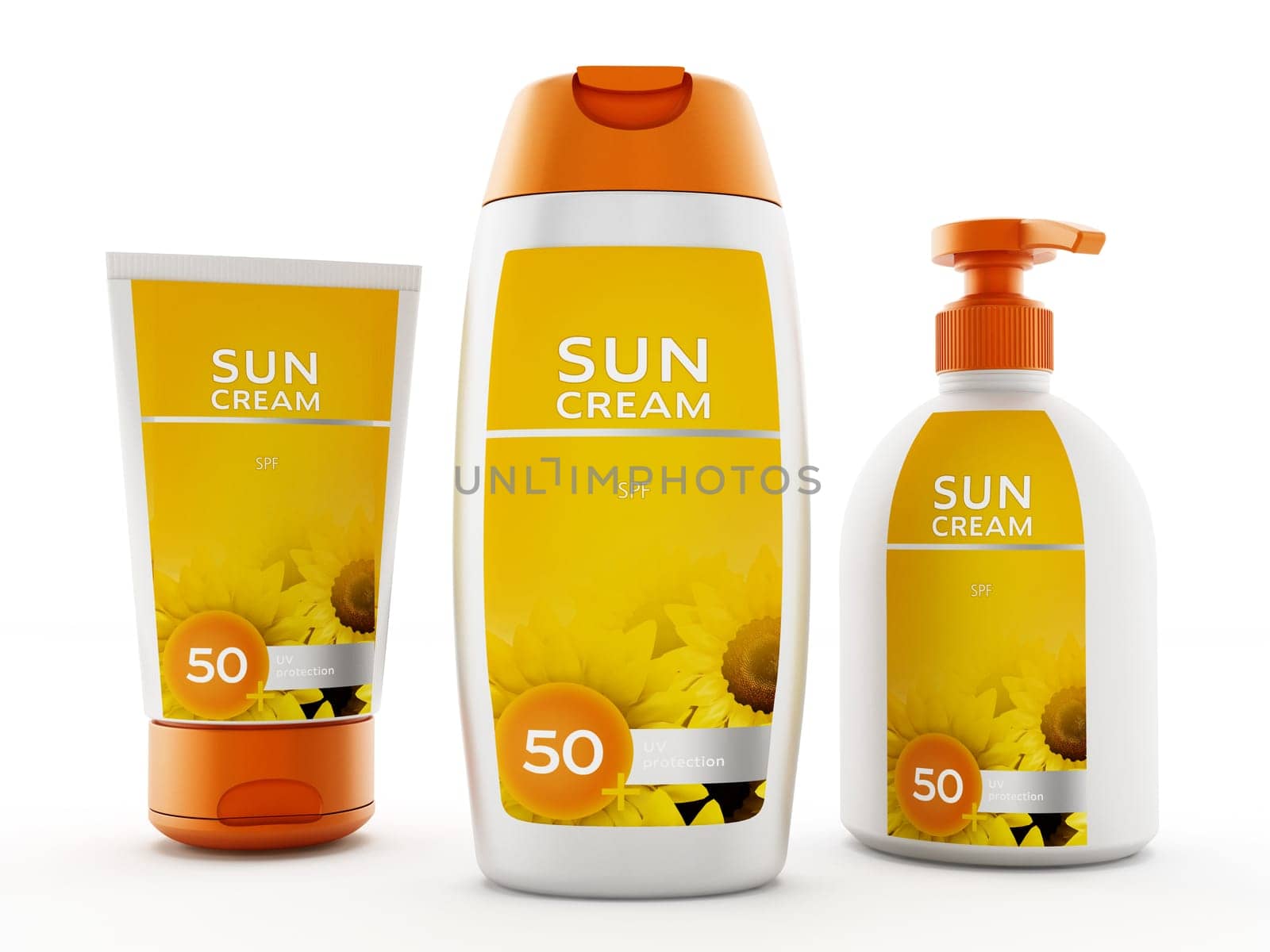 Sun creams in various shaped containers isolated on white background