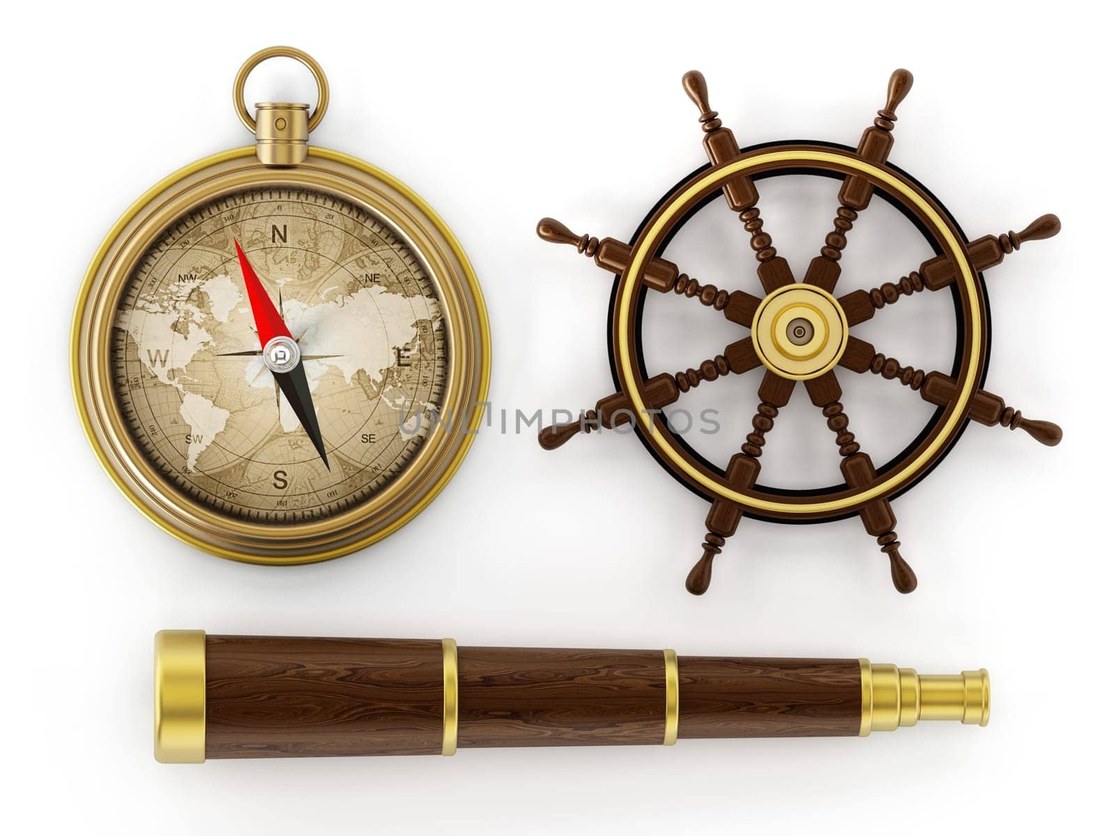 Vintage telescope, ship wheel and compass isolated on white background