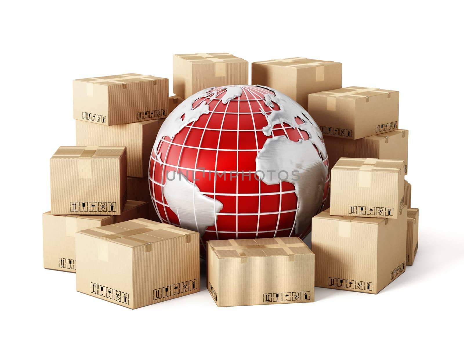 Cargo boxes around the globe isolated on white background