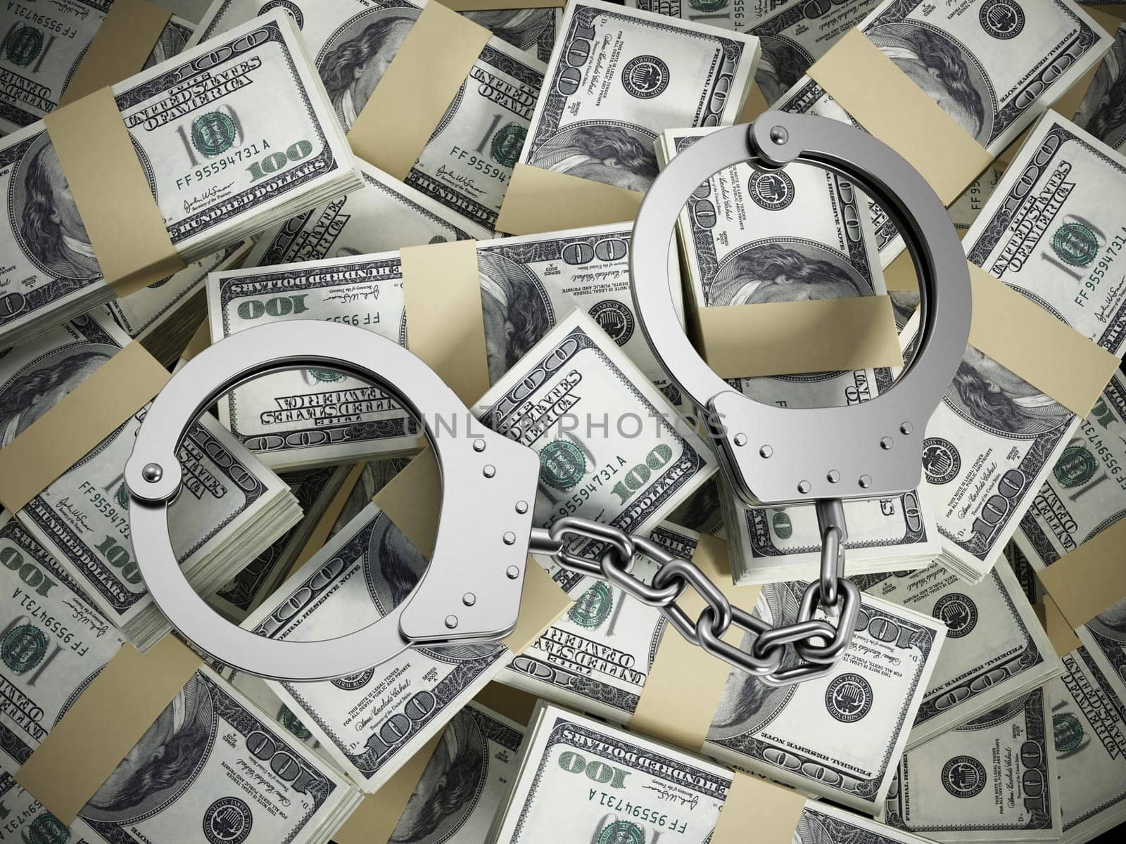 Handcuffs on 100 dollar money pile.