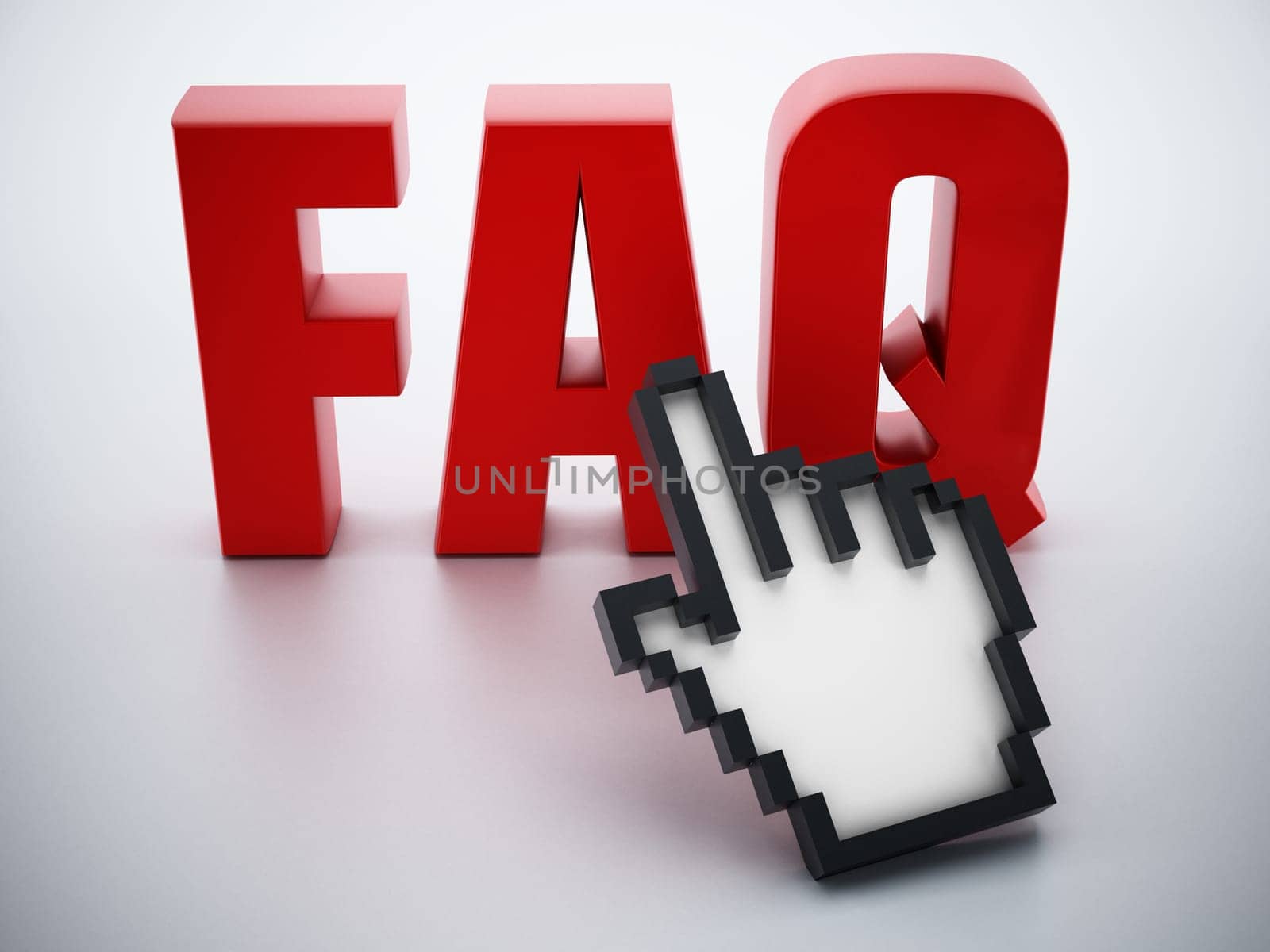 Hand cursor on red FAQ word.