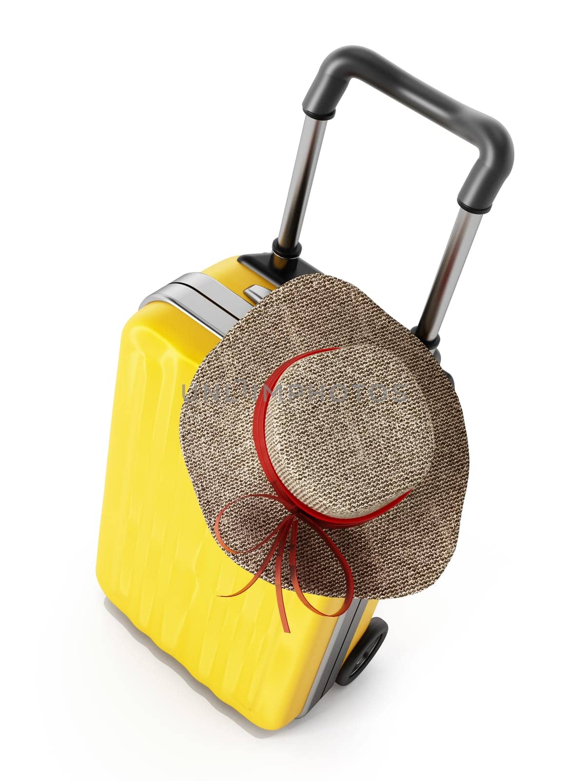Hat standing on yellow isolated suitcase