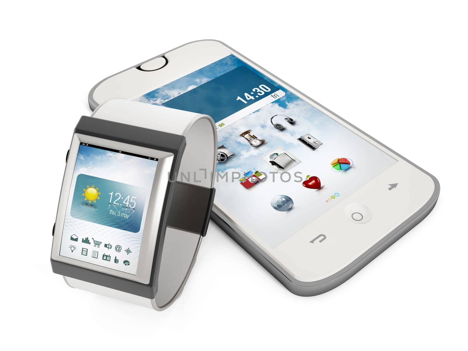 Smartphone and smartwatch isolated on white background.