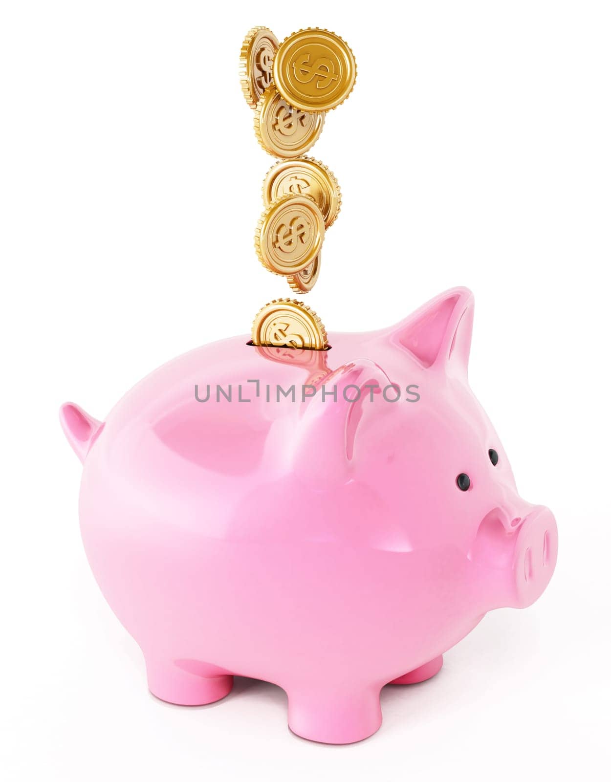 Gold coins and piggy bank isolated on white background.