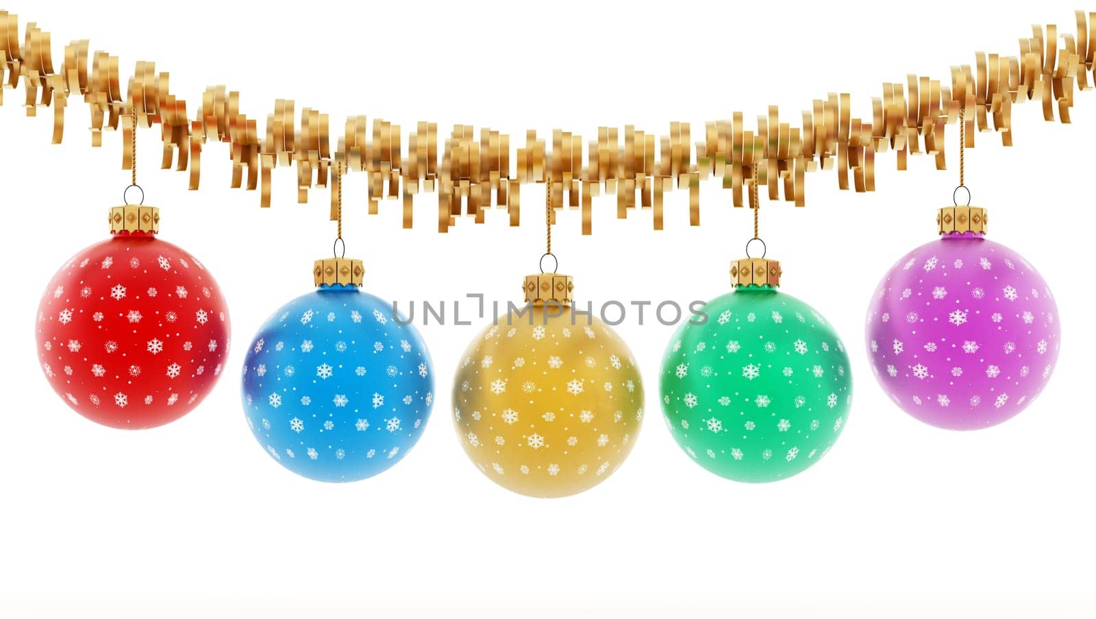 Hanging christmas baubles isolated on white background.