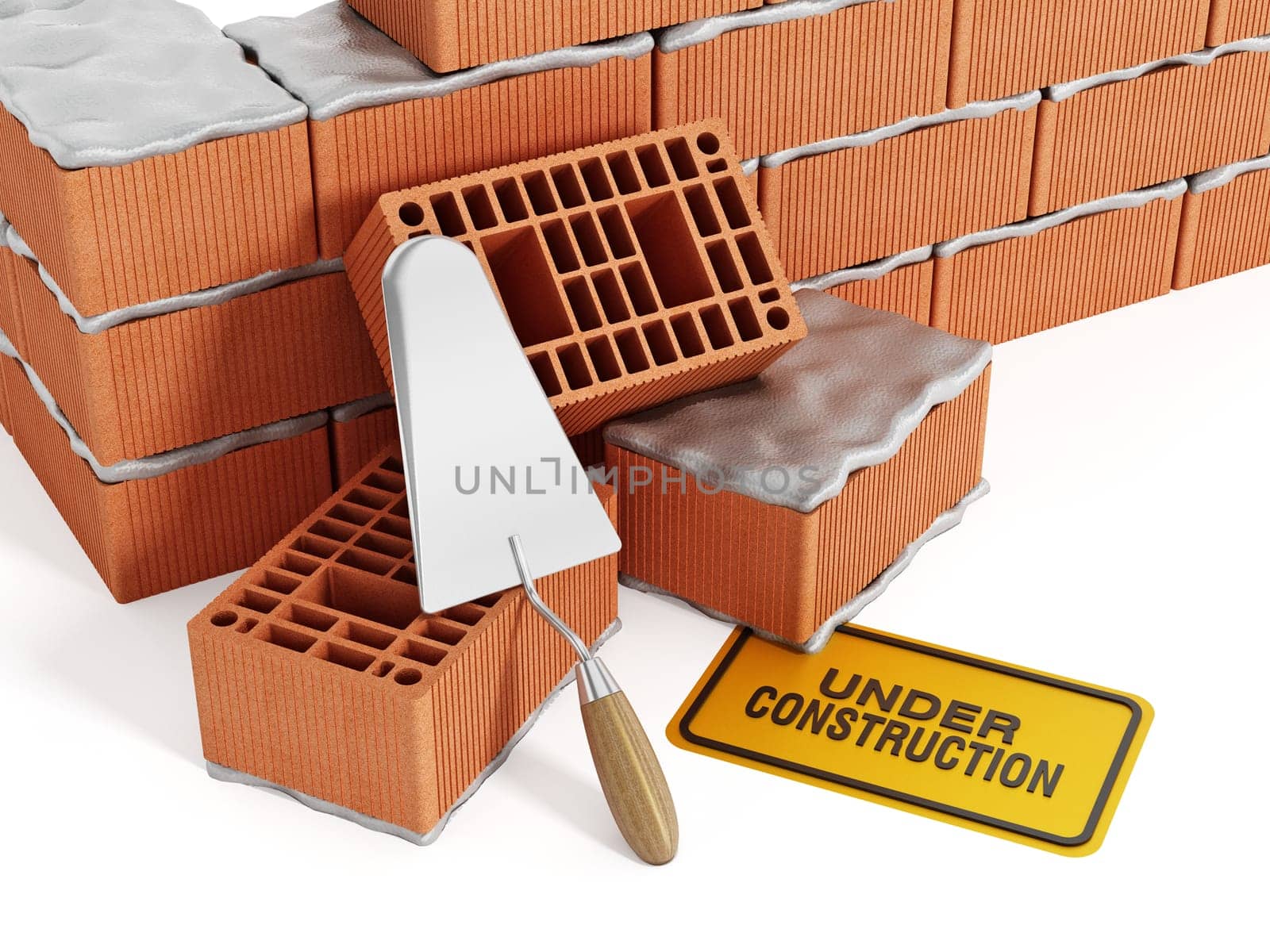Brick wall under construction isolated on white background.