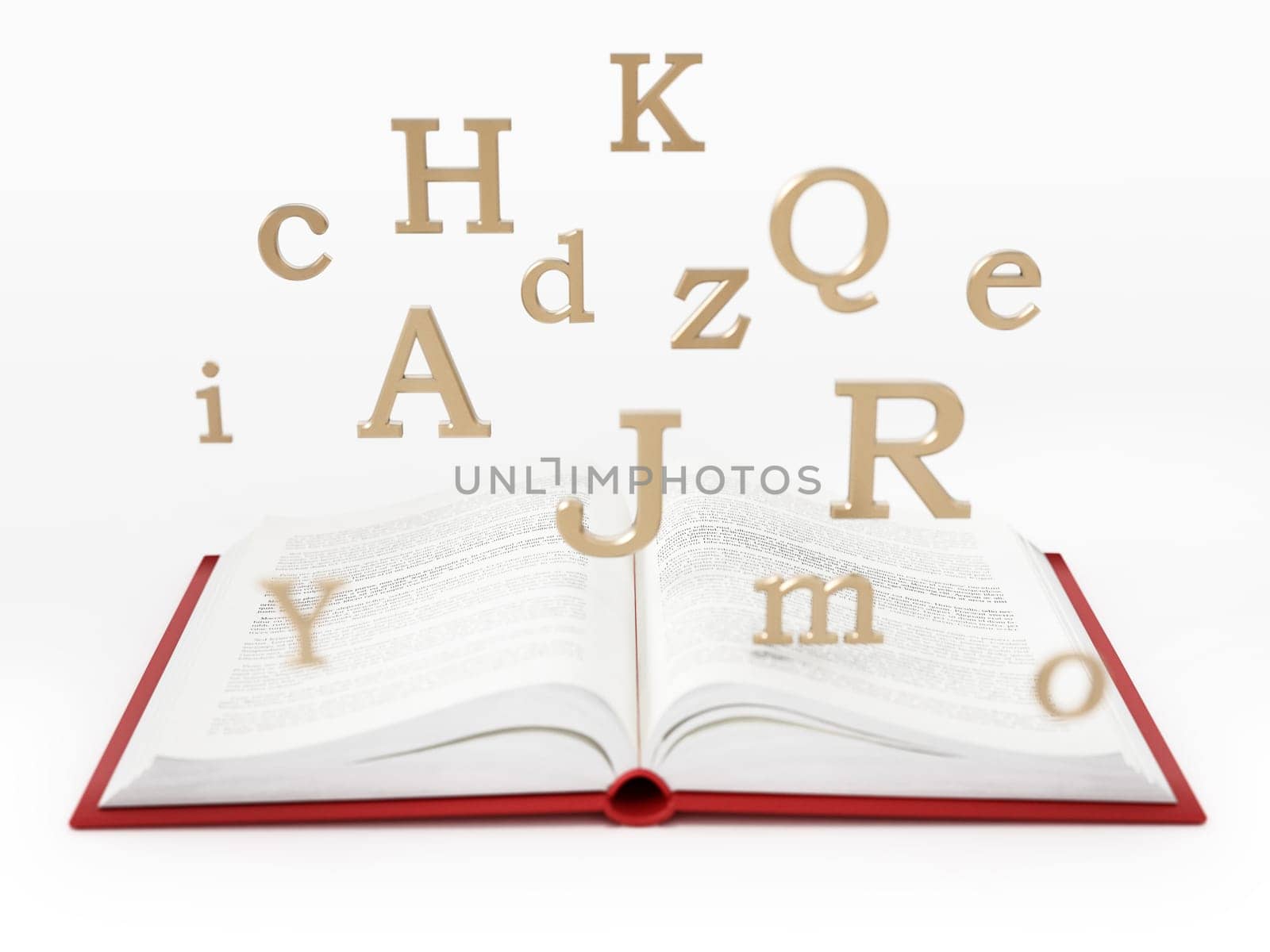 Open book with letters in the air isolated on white background