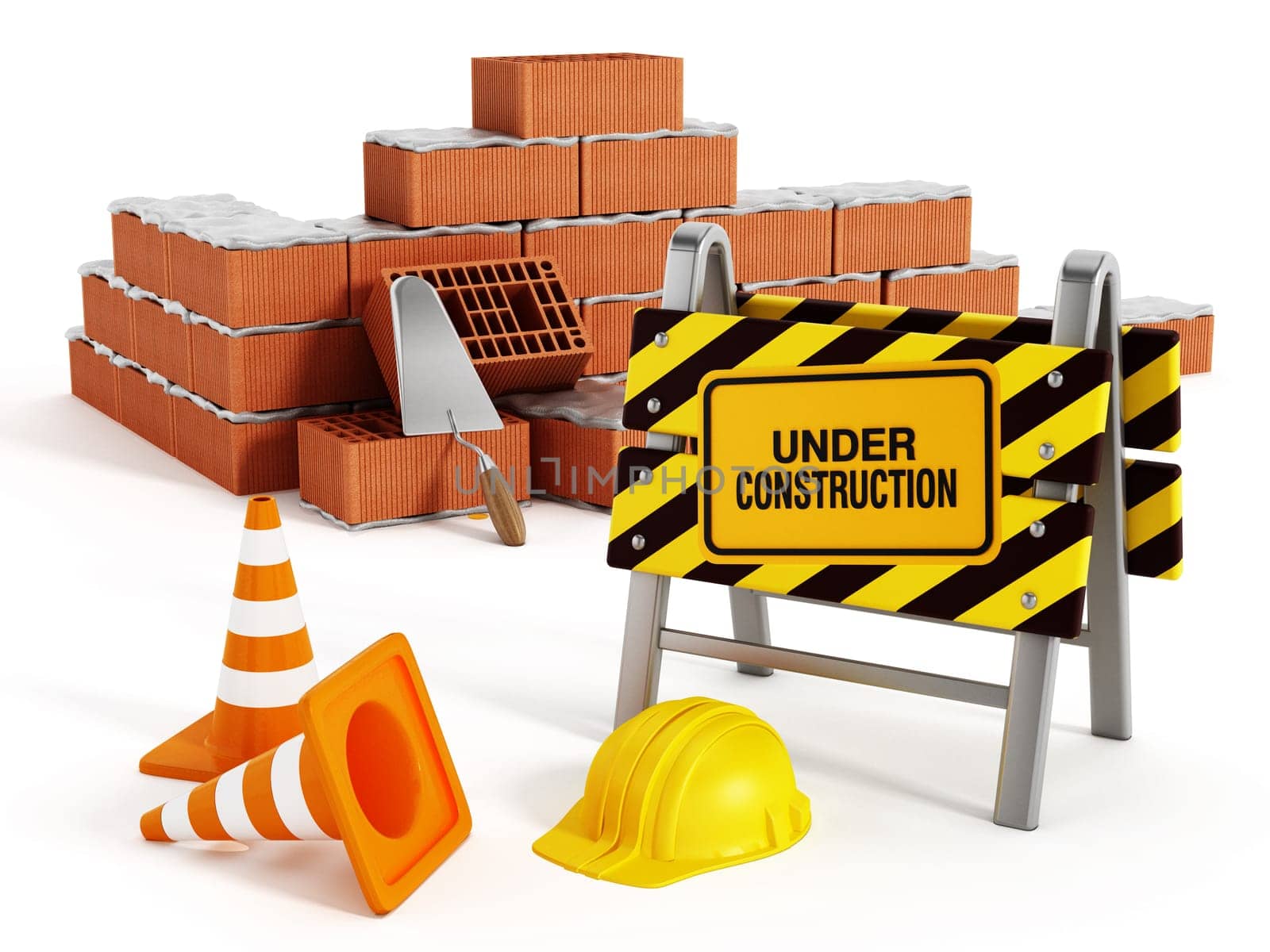 Brick wall under construction isolated on white background.