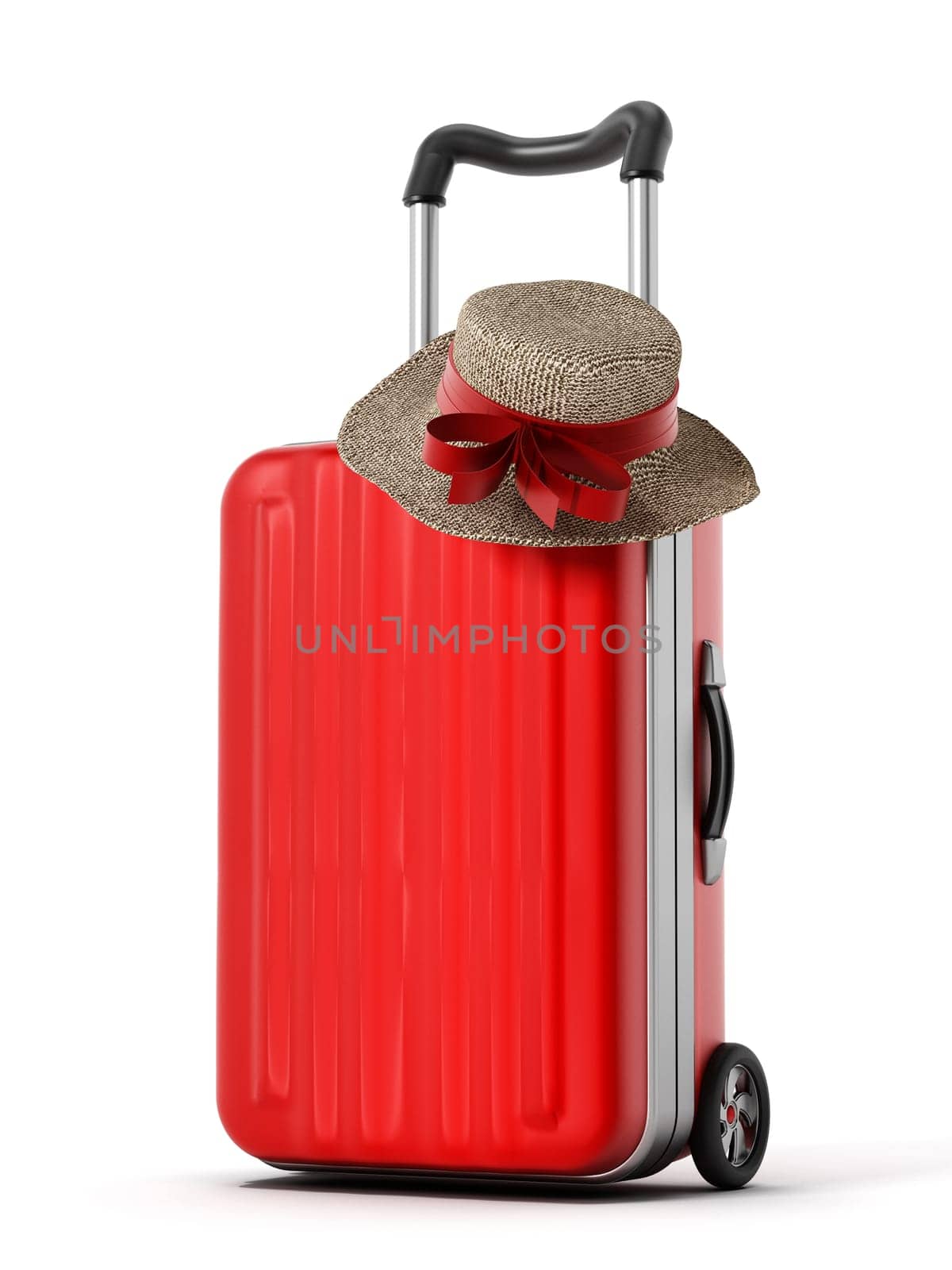 Hat standing on red isolated suitcase