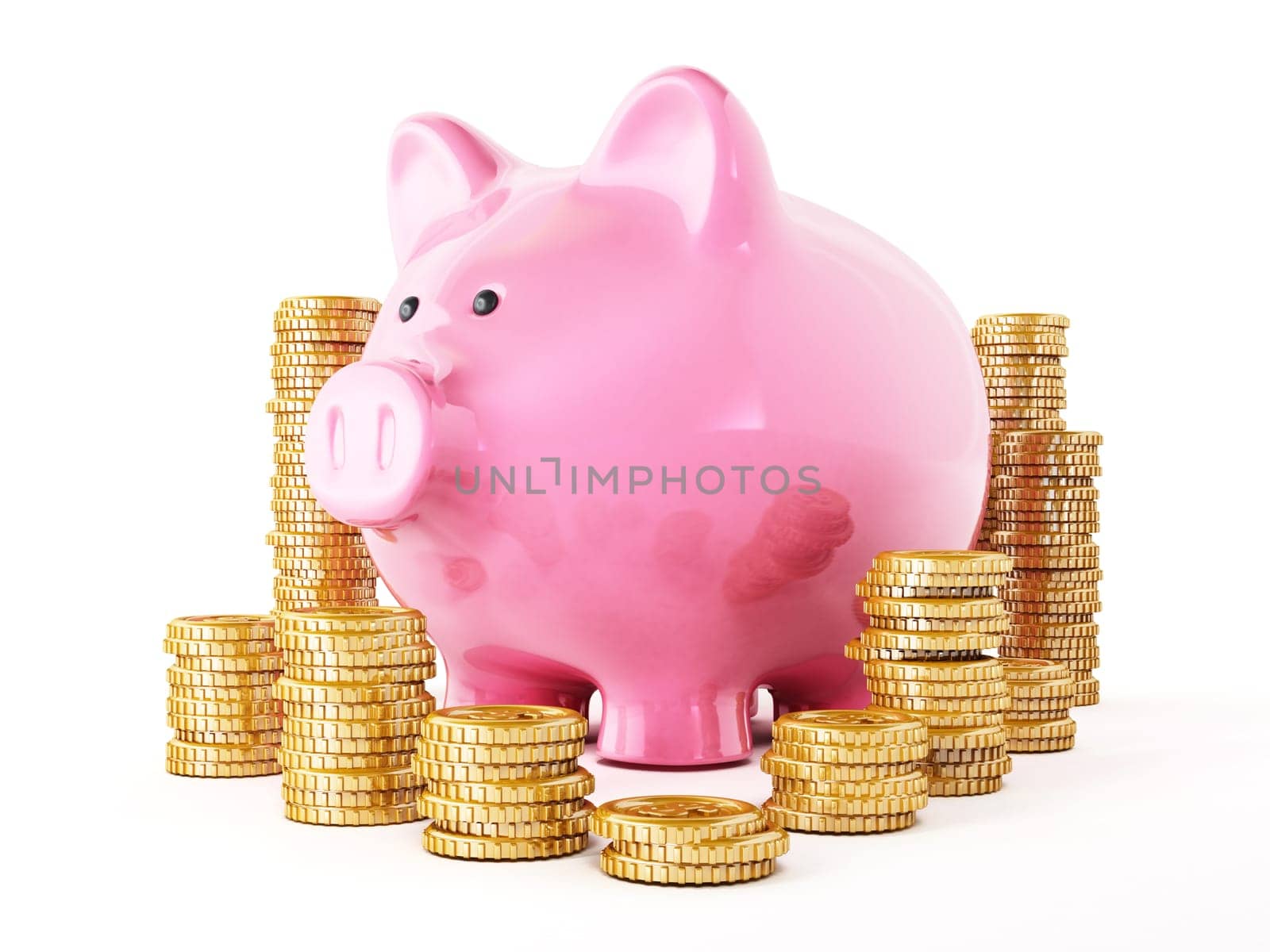 Gold coins and piggy bank isolated on white background.