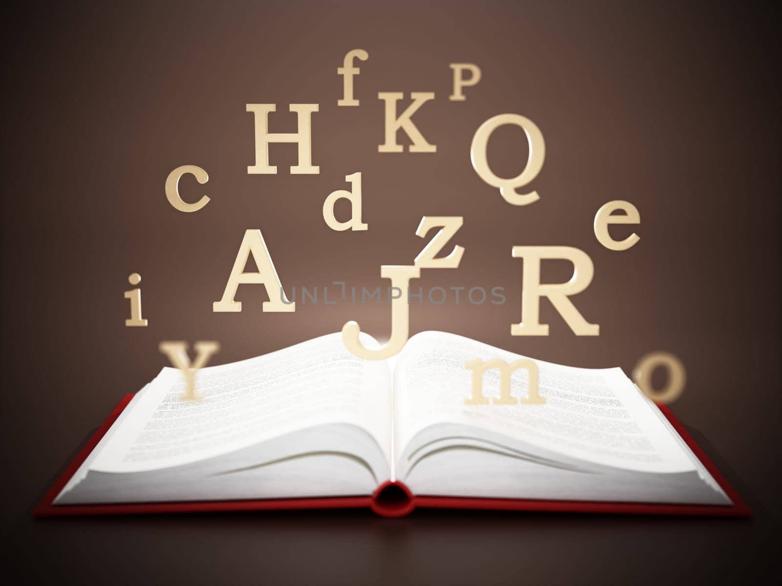 Open book with letters in the air on blue background