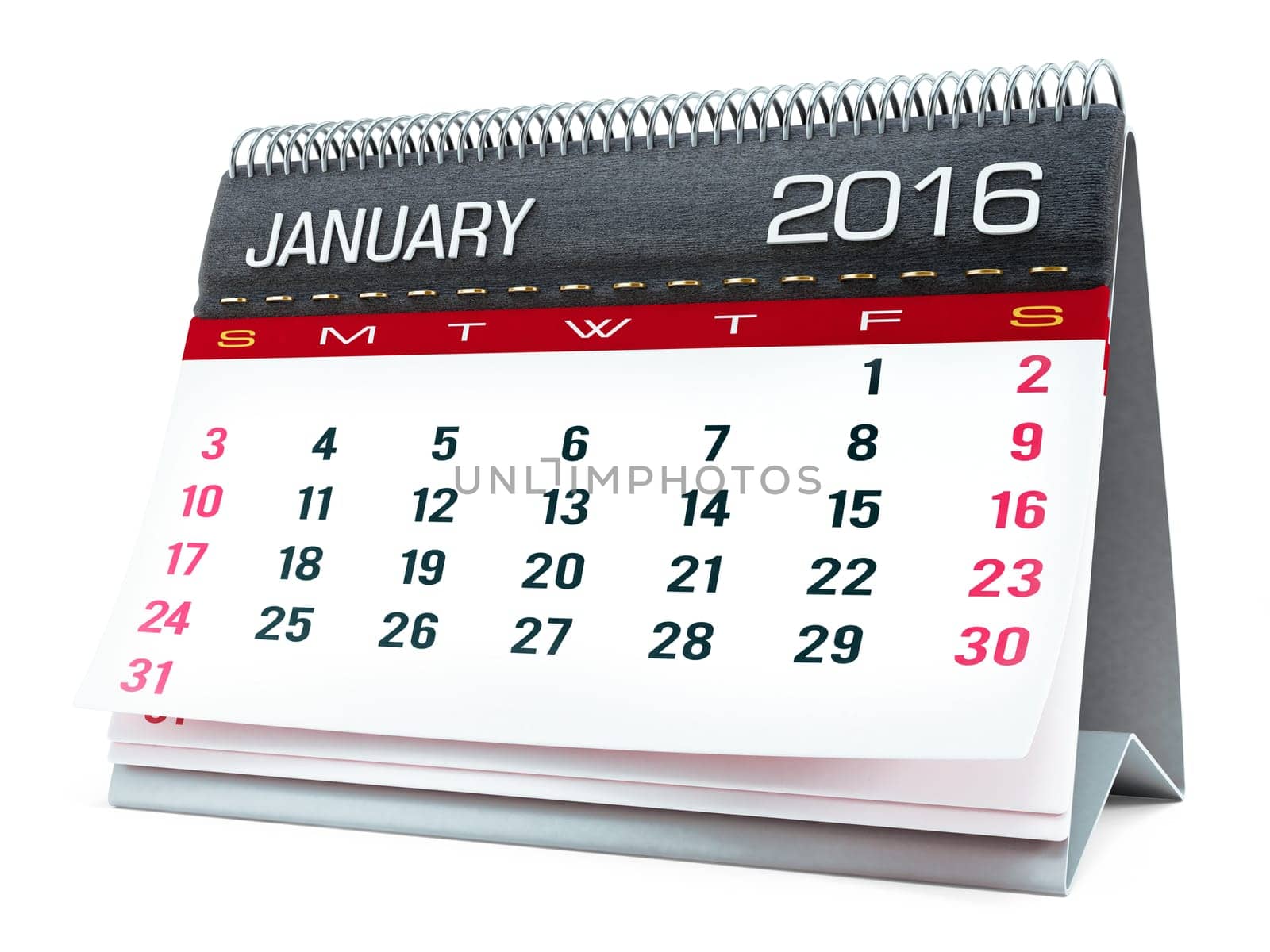 January 2016 desktop calendar isolated on white background
