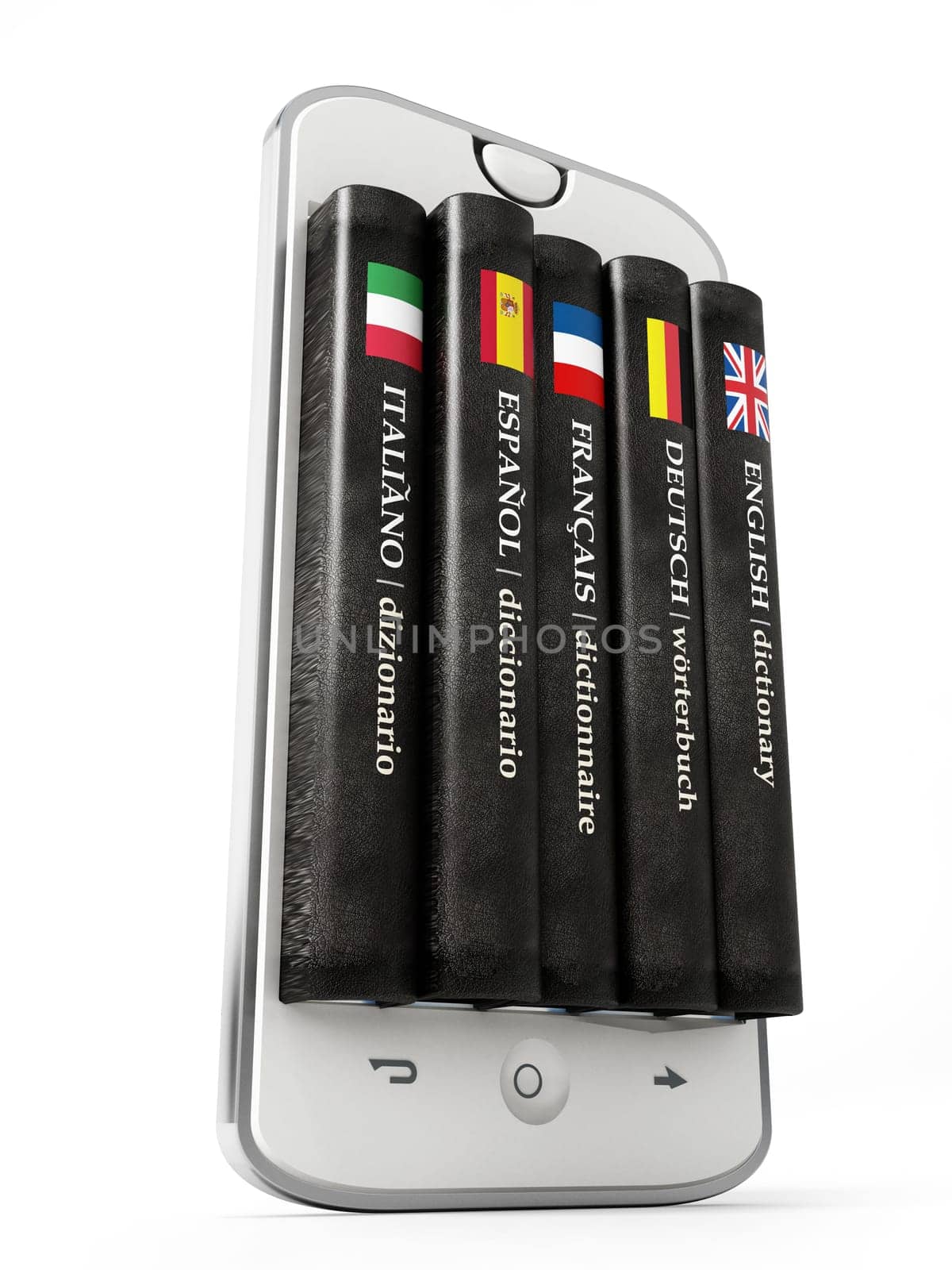 Dictionaries inside smartphone screen isolated on white background