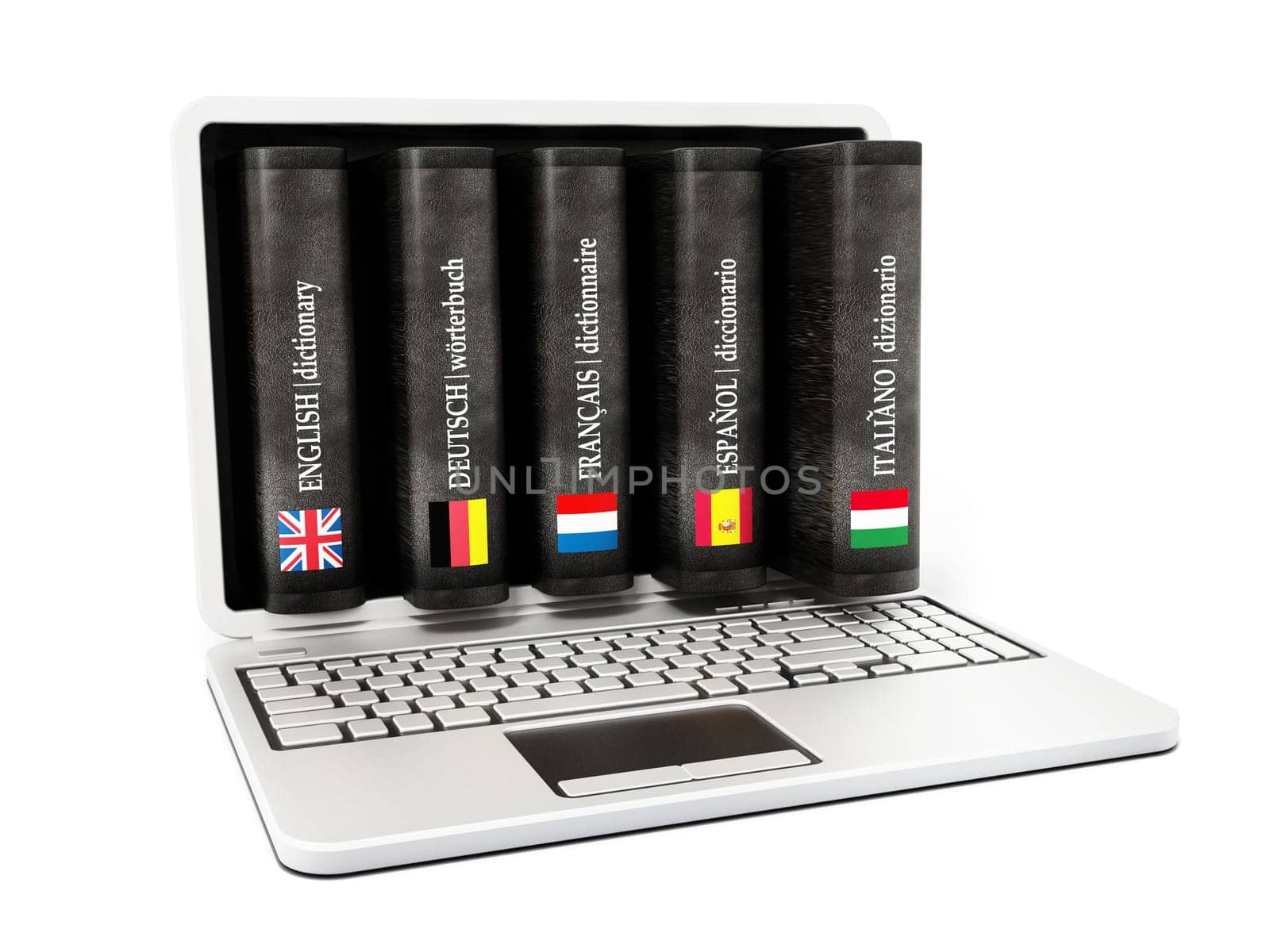 Dictionaries inside laptop computer screen isolated on white background