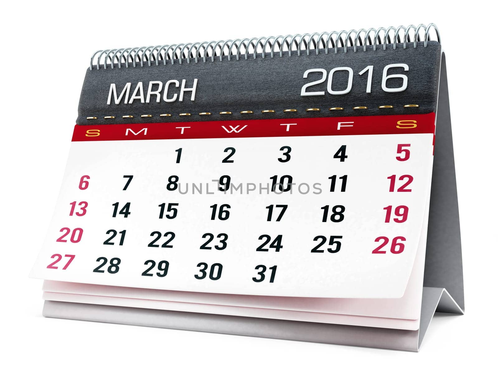 March 2016 desktop calendar isolated on white background