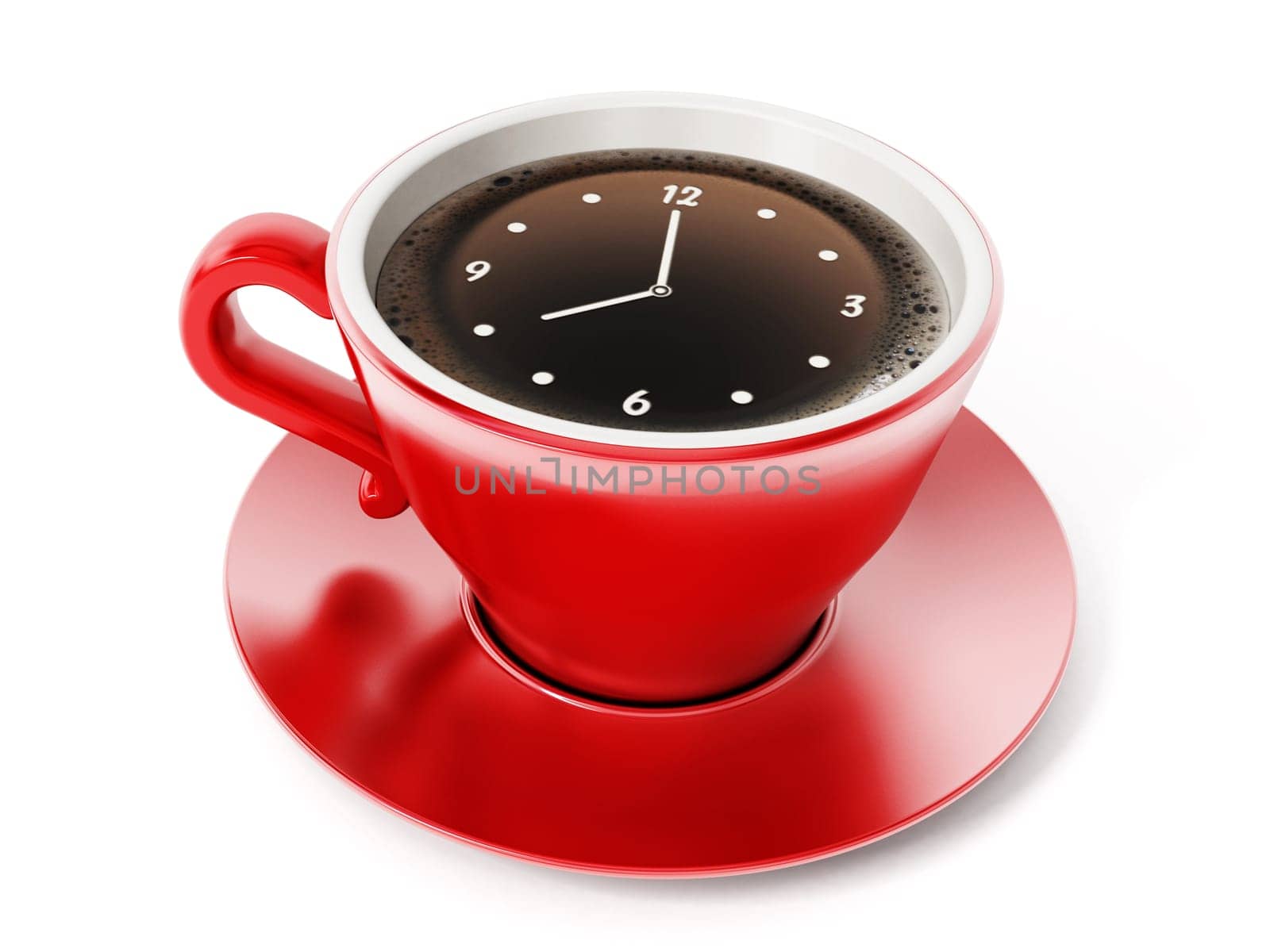 Clock pointing 8 o'clock on red coffe cup.
