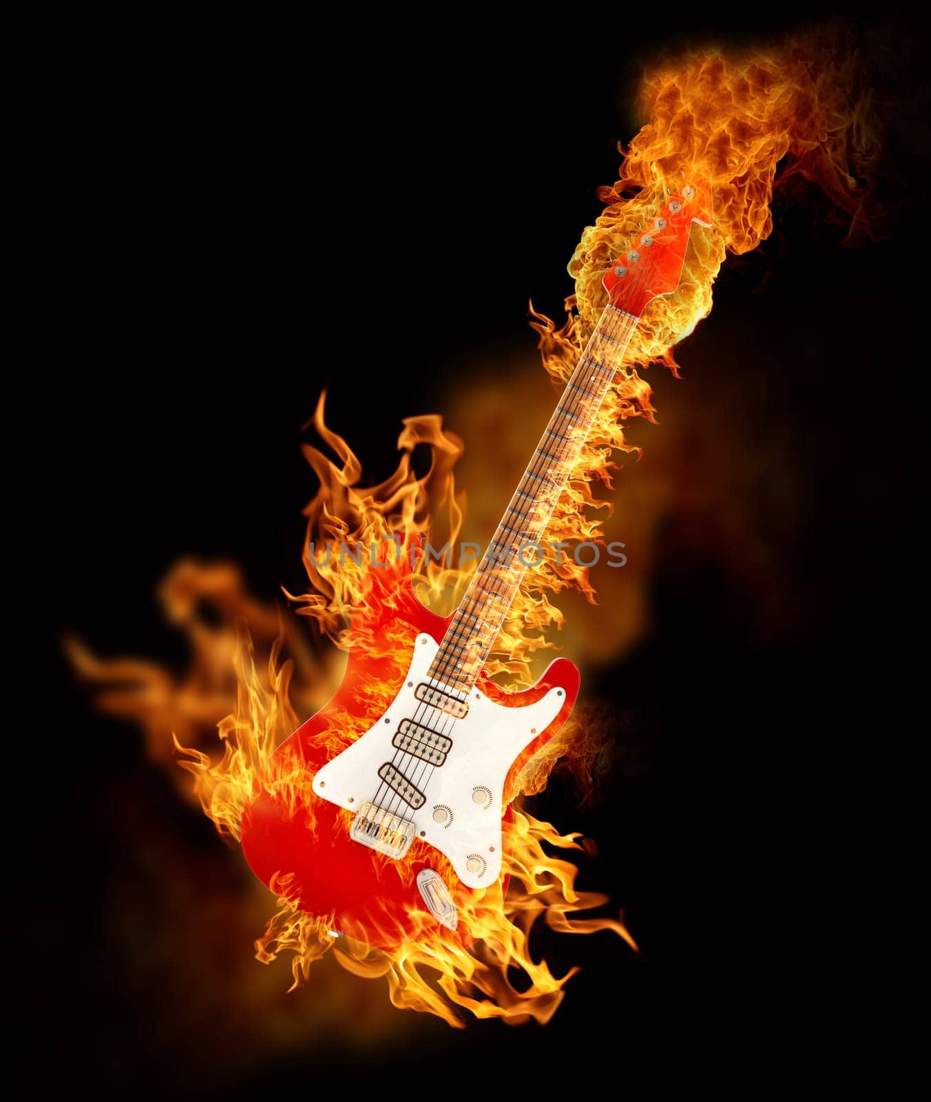 Burning electric guitar on black background.
