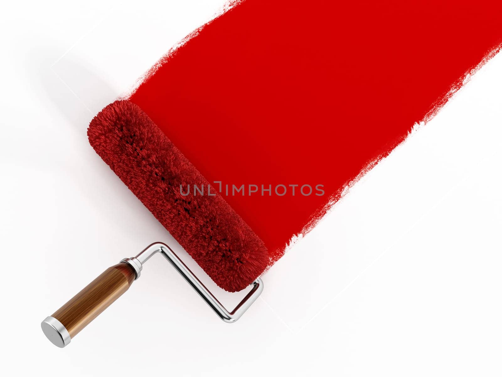 Red paint roller isolated on white background.